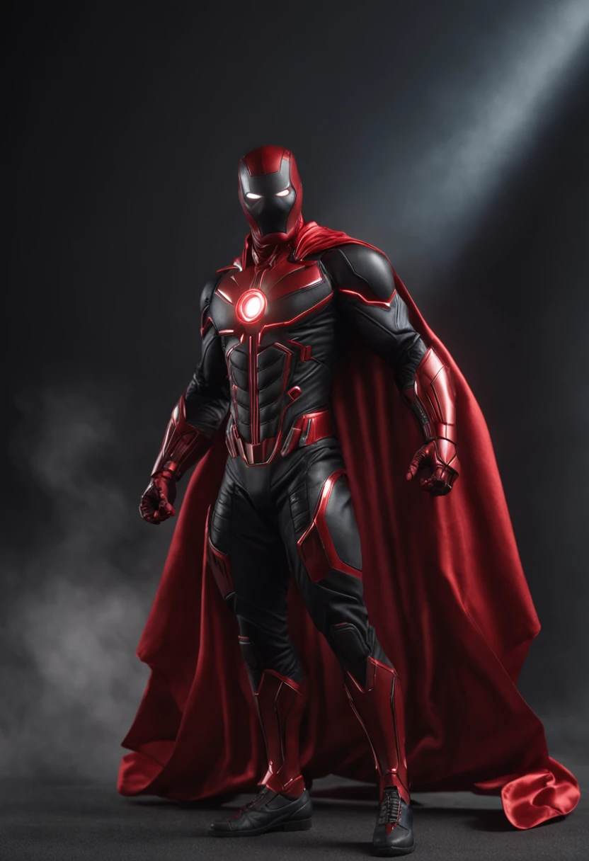 An intricate carbon and red Superhero in a cyber-suit, levitating in the air, extravagant long carbon black silk Cape, no helmet, has long brown hair and a well trimmed beard, laser red eyes, his super powers are strength and flight and can shoot lightning out of his hands, surrounded by red lightning, extremely detailed suit, micro-details, photo-realism, one light, dark photo, deep shadows, shallow depth of field, photo-realistic, Surrealism, high quality, masterpiece, 8k, 8k, super detail, full body portrait, extremely muscular, no mask, (T Logo on chest)