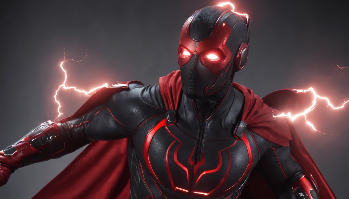 An intricate carbon and red Superhero in a cyber-suit, levitating in the air, extravagant long carbon black silk Cape, no helmet, has long hair and a beard, laser red eyes, his super powers are strength and flight and can shoot lightning out of his hands, surrounded by red lightning, extremely detailed suit, micro-details, photo-realism, one light, dark photo, deep shadows, shallow depth of field, photo-realistic, Surrealism, high quality, masterpiece, 8k, 8k, super detail, full body portrait,  extremely muscular, no mask, (T Logo on chest)