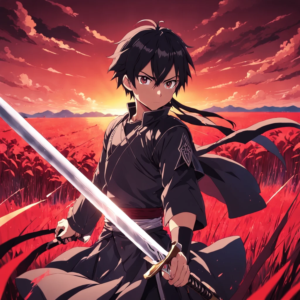 a close up of a person holding a sword in a red field, kirito, sao style anime, sword art online, popular isekai anime, alicization, screenshot from the anime film, still from anime, in the anime film, sao, still from tv anime, 2 0 1 9 anime screenshot, dramatic wielding sword pose, with large sword