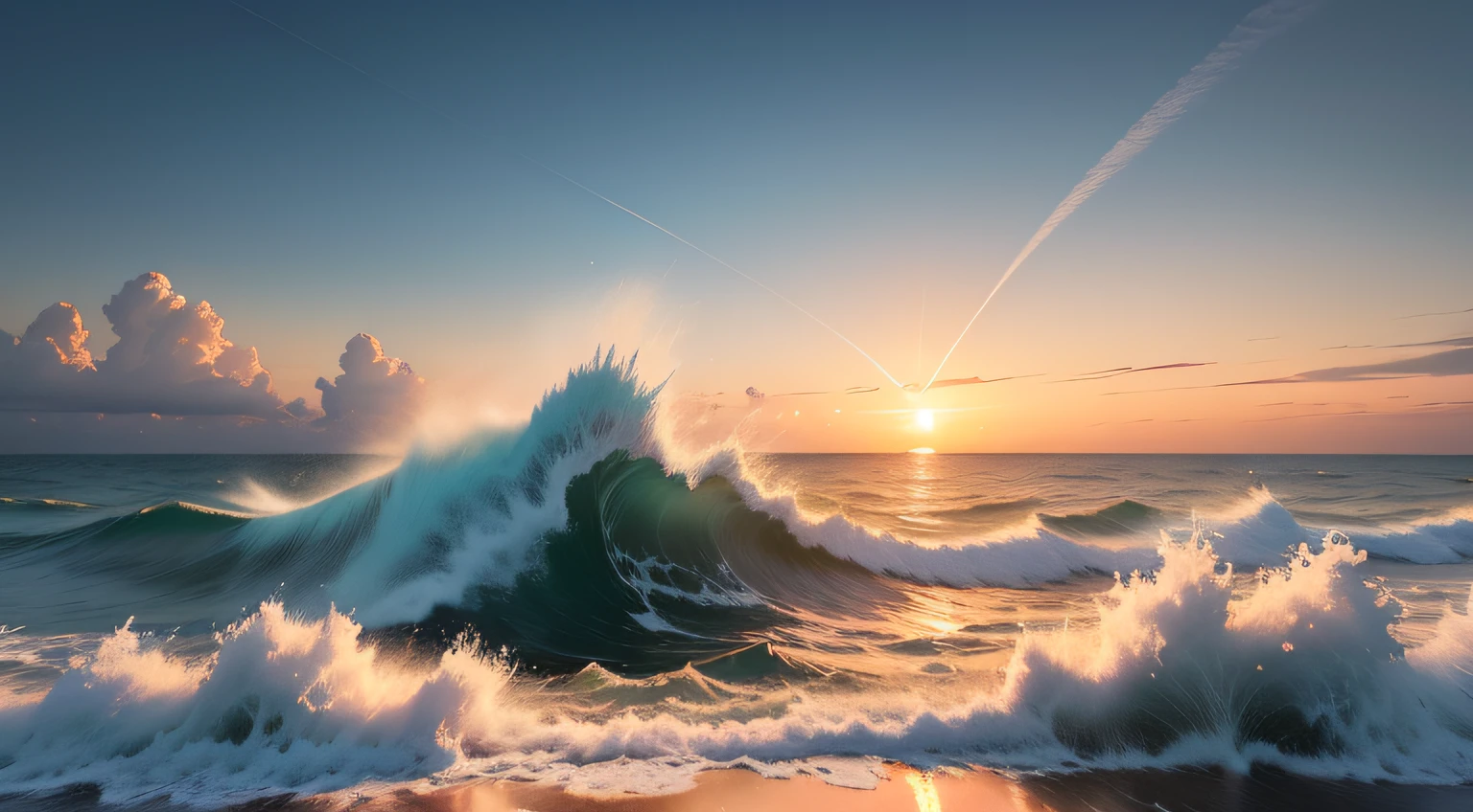A serene masterpiece painting capturing the ethereal beauty of a clear sky adorned with fluffy white clouds, an endless expanse of the ocean, and a majestic sun gracefully rising on the horizon."