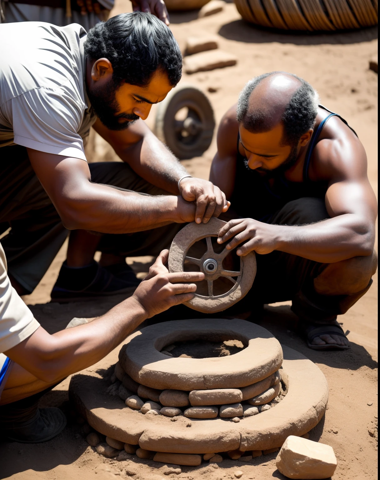 Group of human building a wheel, 3500bc, first wheel, ancient, facing camera