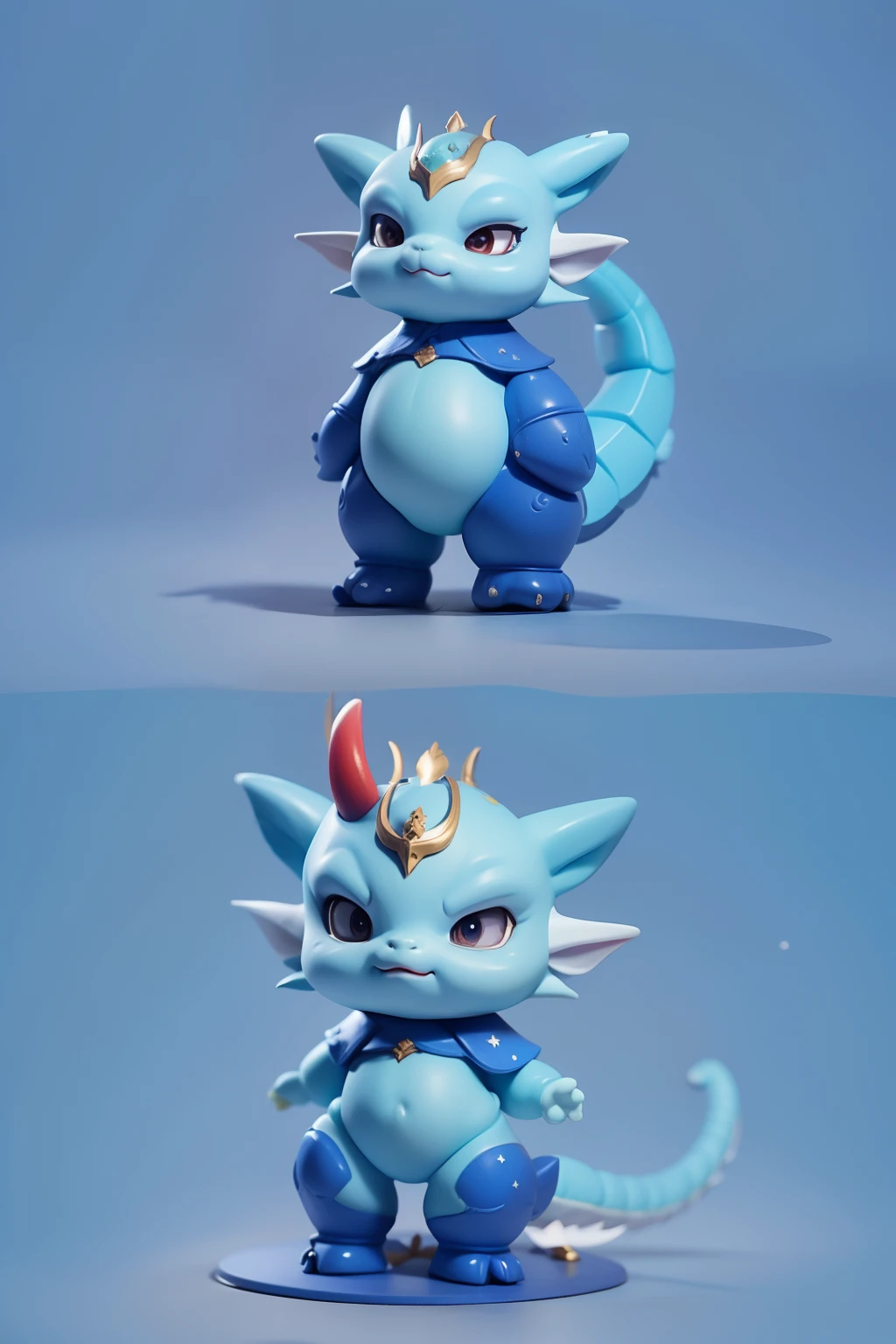 The head has long dragon horns,There is a red star decoration on the belly,There is a huge tail