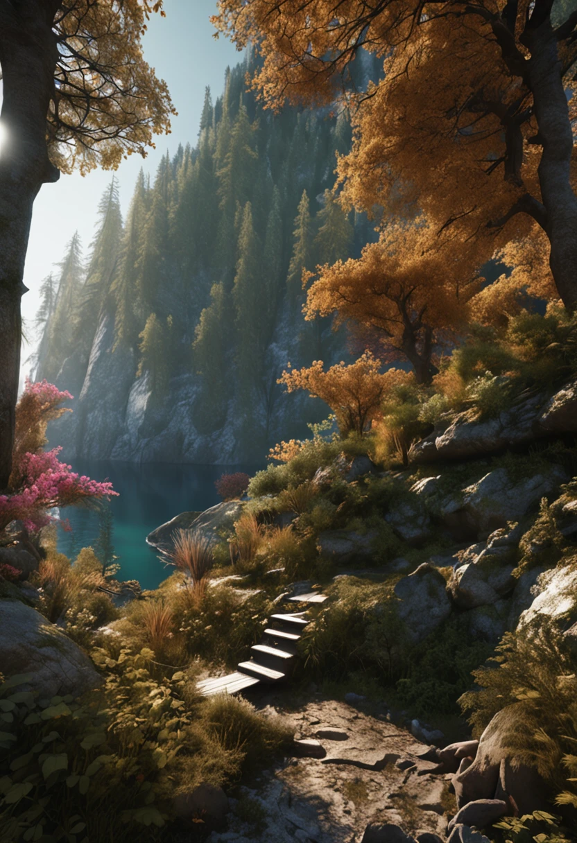 (Dark magic:1.2), (Grim:1.1) forest, springtime，alps, (Intricate details), A mirror-like lake，(ultra - detailed), 8k hdr, high detal, A lot of detail, High quality,Tyndall effect， (Colored:1.3)
