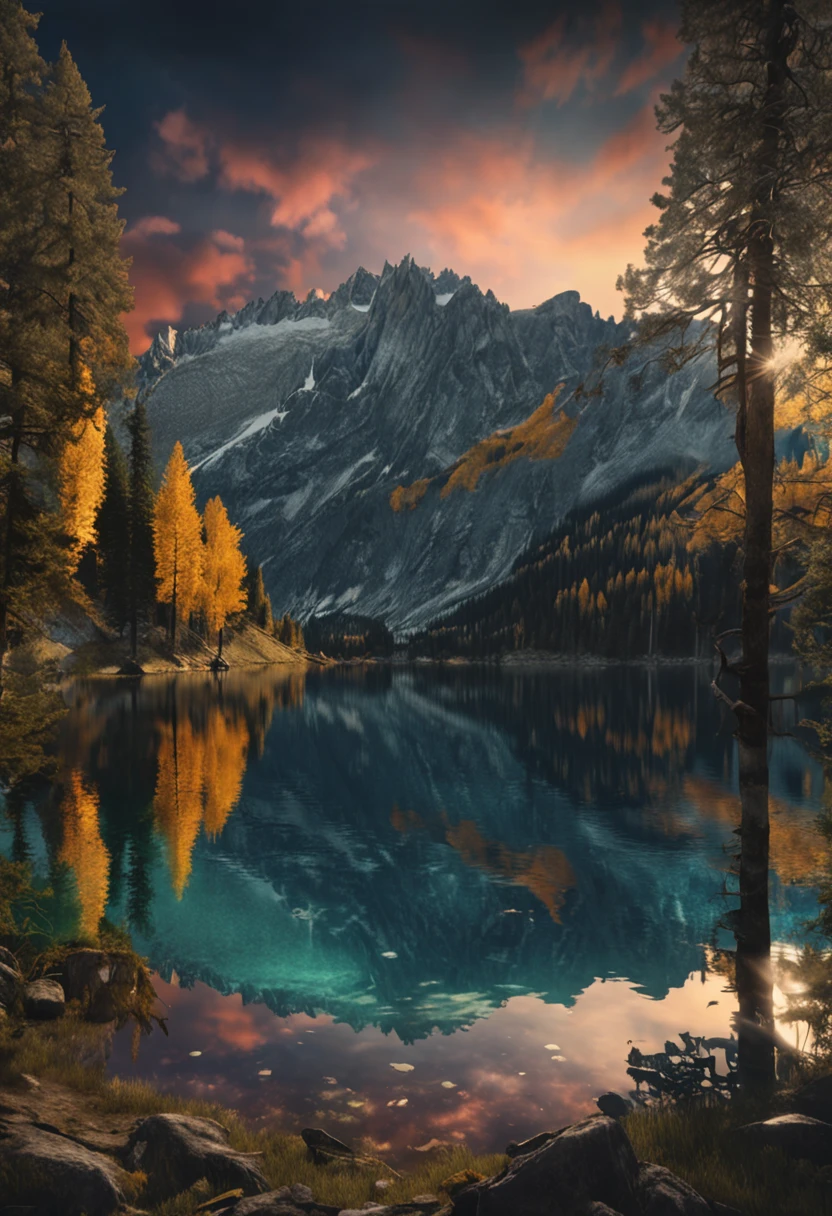 (Dark magic:1.2), (Grim:1.1) forest, springtime,alps, (Intricate details), A mirror-like lake,(ultra - detailed), 8k hdr, high detal, A lot of detail, High quality,Tyndall effect, (Colored:1.3)