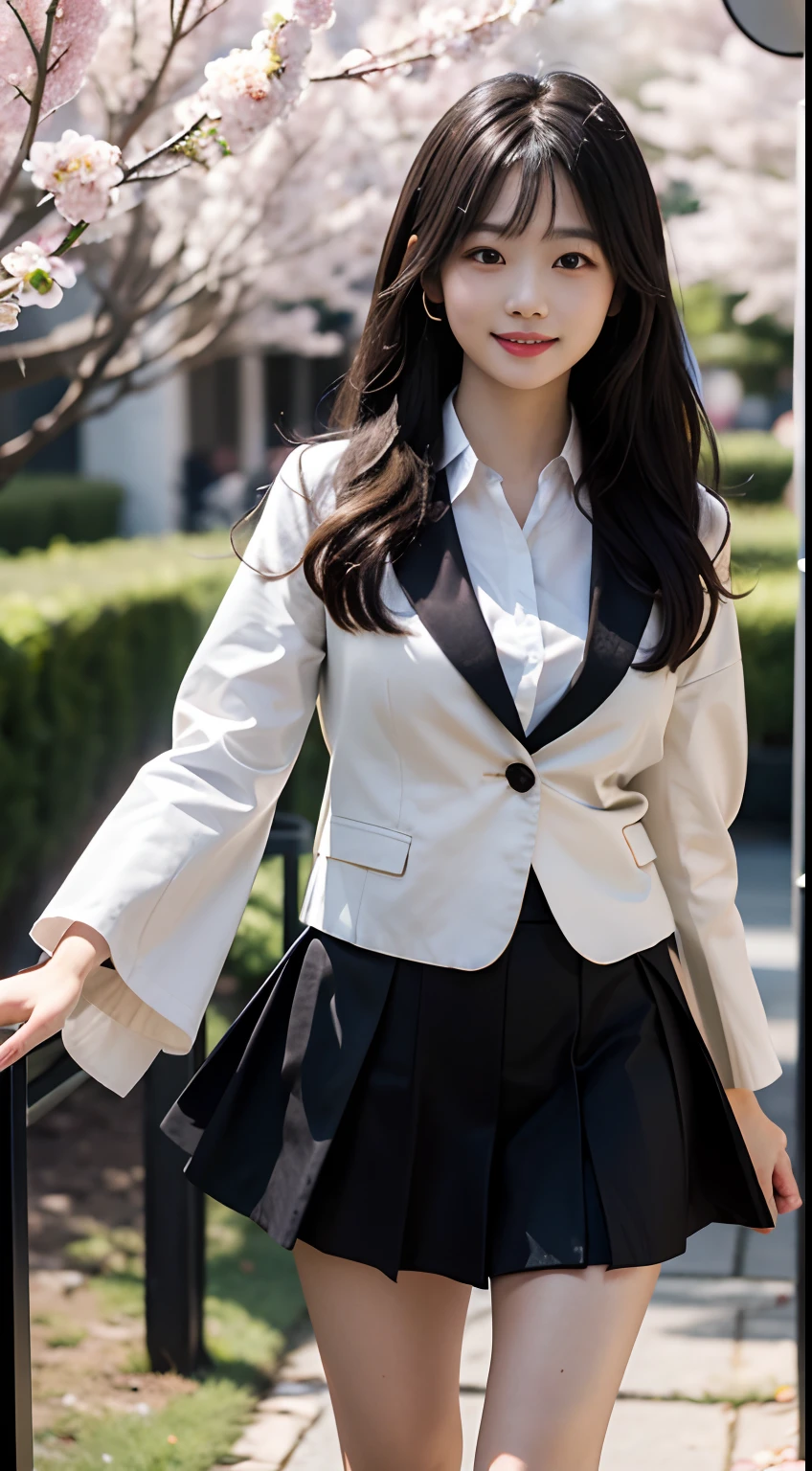 A woman in a maid outfit posing with her finger in her mouth, smiling person in the background々, 1girl in, Realistic, Finger to mouth, straight hair and short hair,Female anchor,White suit,ssmile