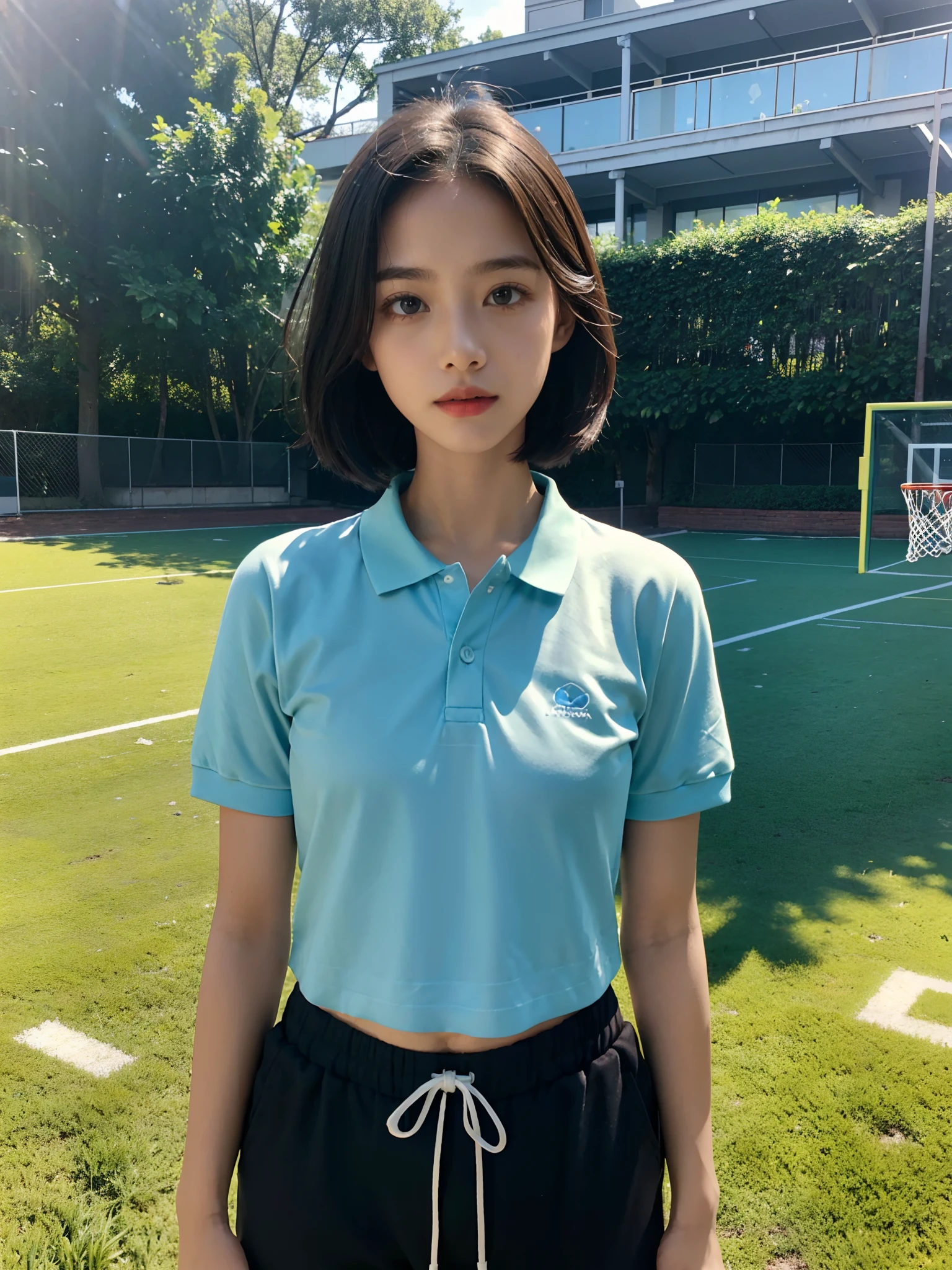 ((smallunderboob,Tomboyish,small heads)), (Well-defined abs: 1.1), (perfect bodies: 1.1), (short-length straighthair: 1.2), Black hair, fully body photo，White sneakers，（极其细致的CG 8k壁纸），（Extremely refined and beautiful），（tmasterpiece），（best qualtiy：1.0），（超A high resolution：1.0），beautiful light up，Perfect lightning，realistic shaded，[A high resolution]，Delicate skin，ultra - detailed ，Crowded，dense with greenery，In a school playground，Green football field，Red plastic runway，Afternoon sun，are standing，Wears a light blue short-sleeved polo shirt，Dark blue loose sweatpants，Basketball in both hands，A ten-year-old girl，elementary student，Small chest，flatchest，Slim and thin