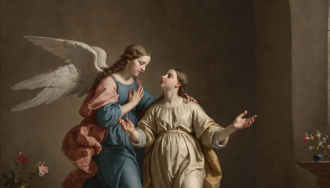 color photo of "The Annunciation" in the style of Bartolomé Esteban Murillo —c 10 —ar 2:3

A captivating painting inspired by Bartolomé Esteban Murillo's "The Annunciation" (1660), depicting the profound moment of the Annunciation. The scene is filled with a sense of divine presence and emotional connection between Mary and the Angel Gabriel.

The colors are soft and delicate, with a gentle palette of pastel hues that create a serene and ethereal atmosphere. The brushstrokes are precise and refined, capturing the intricate details of Mary's expression and the angelic grace of Gabriel.

Mary is depicted with a mixture of surprise, humility, and reverence as she receives the angel's message. Her eyes reflect a deep inner contemplation, while her hands clasp together in prayerful anticipation. Gabriel, with wings unfurled, exudes a sense of celestial radiance and joy as he delivers the news.

The composition is balanced, with Mary and Gabriel at the center, surrounded by symbolic elements such as lilies and a ray of heavenly light. The focus is on their emotional connection and the spiritual significance of this divine encounter.

Photographed with great attention to capturing the delicate nuances of Murillo's style, emphasizing the softness of the colors and the intricate brushwork. The lens choice enhances the depth and richness of the painting, ensuring that every detail is faithfully reproduced.

Directors: Pedro Almodóvar, Guillermo del Toro
Cinematographers: Rodrigo Prieto, Emmanuel Lubezki
Photographers: Annie Leibovitz, Mario Testino
Fashion Designers: Valentino, Elie Saab