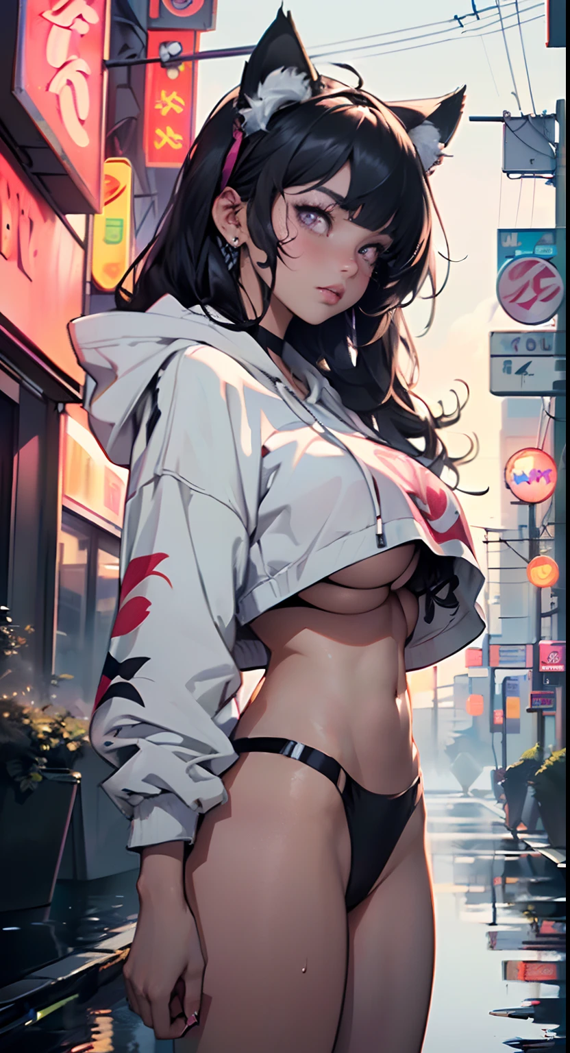 girl spacepunk,(((1girl))),((anime girl with extremely cute and beautiful black hair cat ears walking seductively down the street)),
(large breasts:1.4),saggy breasts,((((black hair,messy hair,colored inner hair,large hair,absurdly long unkempt hair:1.35,long hair,ear breathing)))),((((cat ears,cat ears on head,big cat ears)))),((pink eyes:1.3,upturned eyes:1.3,perfect eyes,beautiful detailed eyes,rainbow glows ultra-detailed deep pink purple eyes:1.1,gradient eyes:1,finely detailed beautiful eyes:1,symmetrical eyes:1,big highlight on eyes:1.2)),((fat)),(((lustrous skin:1.5,bright skin: 1.5,skin tanned,shiny skin,very shiny skin,shiny body,plastic glitter skin,exaggerated shiny skin))),(spider lower abdomen,narrow waist,wide hip,athletic body,inflated legs,delicate detailed fingers,detailed body,detailed arms,human hands,(detailed face)),
cute,slutty,seductive,erotic,(((nsfw))),
zettai ryouiki,revealing clothing,show skin,((((underboob)))),(cleavage),(semi-naked,with little clothing,((tiny thong)),bare legs,visible thong straps),((((crop top hoodie,cropped hoodie,hoodie,hoodie intricate)))),((detailed outfit,detailed clothes)),
(dynamic pose:1.0),solo focus,embarrassed,centered,scale to fit dimensions,Rule of thirds,
((((cyberpunk city by the ocean,huge buildings,neon signs,fish flying in the background1:6,puddles)))),stormy sky,threatening sky,dark clouds,((synthwave background theme,detailed background : 1.25)),
(best quality,high resolution,sharp focus,ultra detailed,extremely detailed,extremely high quality artwork,(realistic,photorealistic:1.37),8k_wallpaper,(extremely detailed CG 8k),(very fine 8K CG),((hyper super ultra detailed perfect piece)),flawless,(((masterpiece))),illustration,vibrant colors,(intricate),High contrast,Selective lighting,Double exposure,HDR (High Dynamic Range),Post-processing,Background blur,
