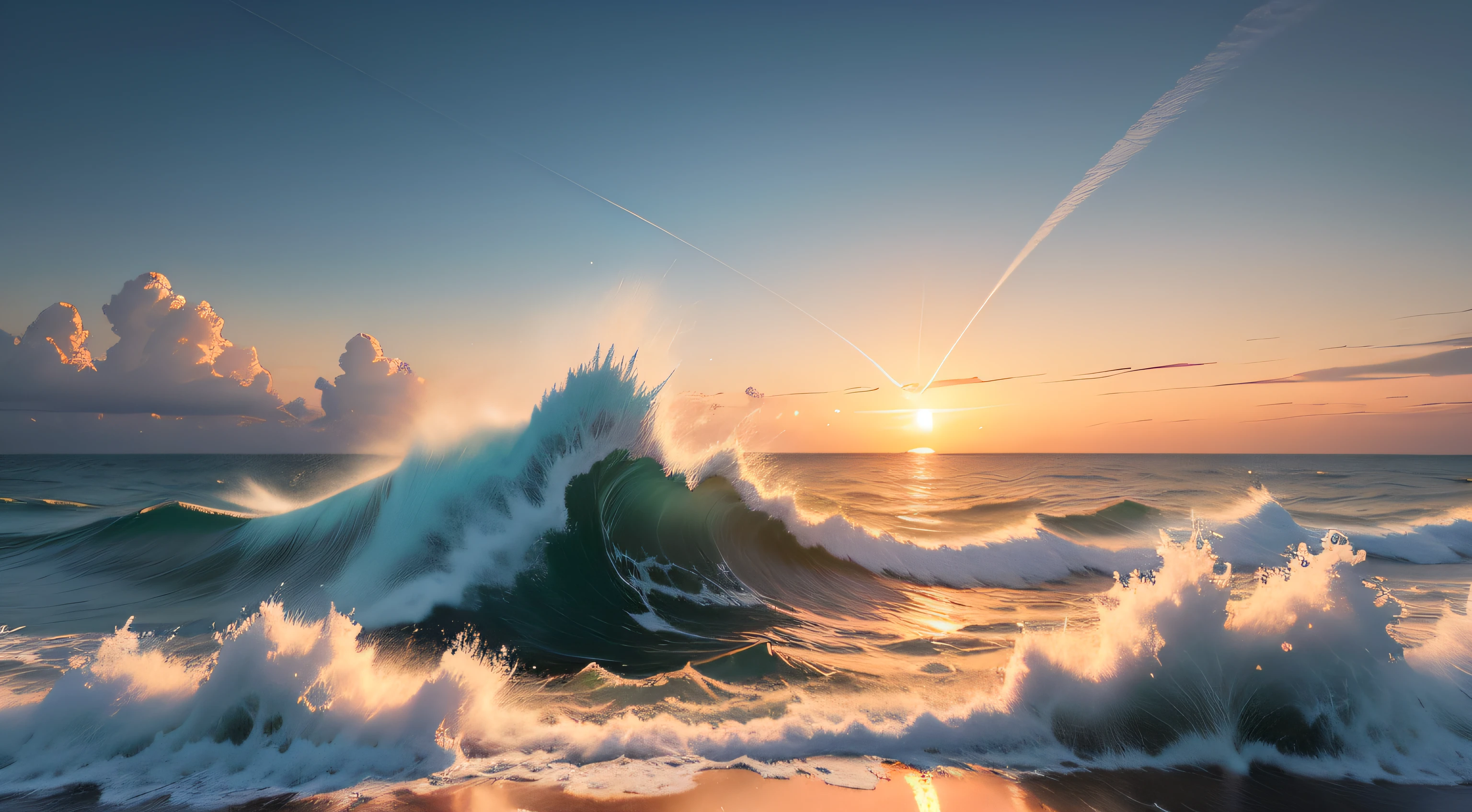 A serene masterpiece painting capturing the ethereal beauty of a clear sky adorned with fluffy white clouds, an endless expanse of the ocean, and a majestic sun gracefully rising on the horizon."