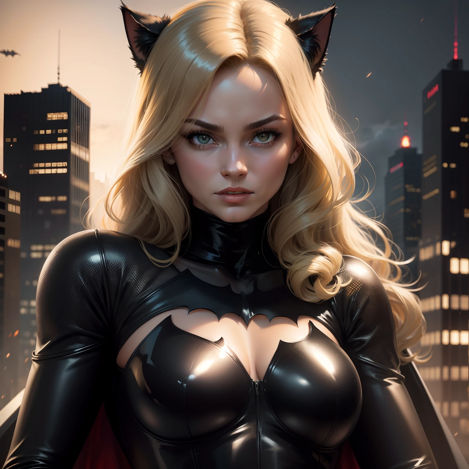 Cat Woman,Movie batman ???? dressed like catwoman ,ultra realistic, no mask,gotham city Background, black suit,blonde hair