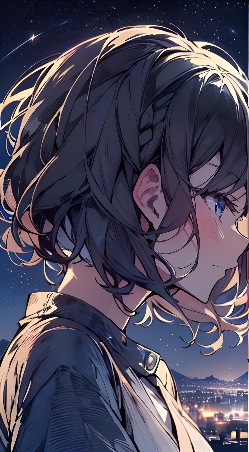 masutepiece, Best Quality,Illustration, Wallpaper, Ultra Detail, absurderes, 1girl in、 (Medium short hair、short braided hair), Beautiful ultra-detailed eyes , Hair fluttering in the wind、Smaller head、Beautiful night sky、(a panoramic view:1.5)