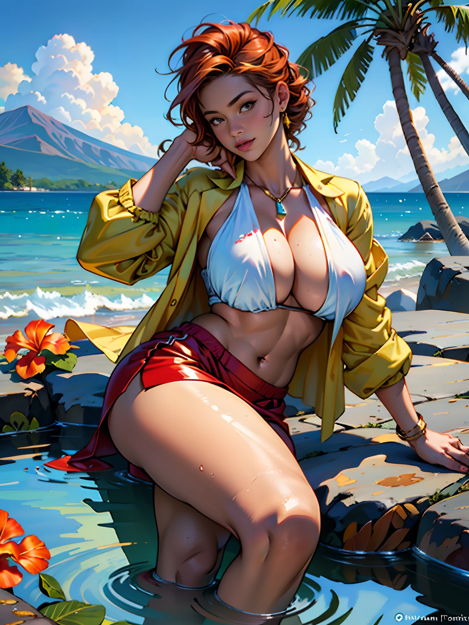 Hawaiian Lahaina burning flame in the back, 1 girl painting from water feature, styled:Jaime Frias, Best quality, Realistic, Award-winning color illustration, (Complicated details: 1.2), (finedetail),Bright colors,比基尼,huge boob,Side breasts,Round thighs