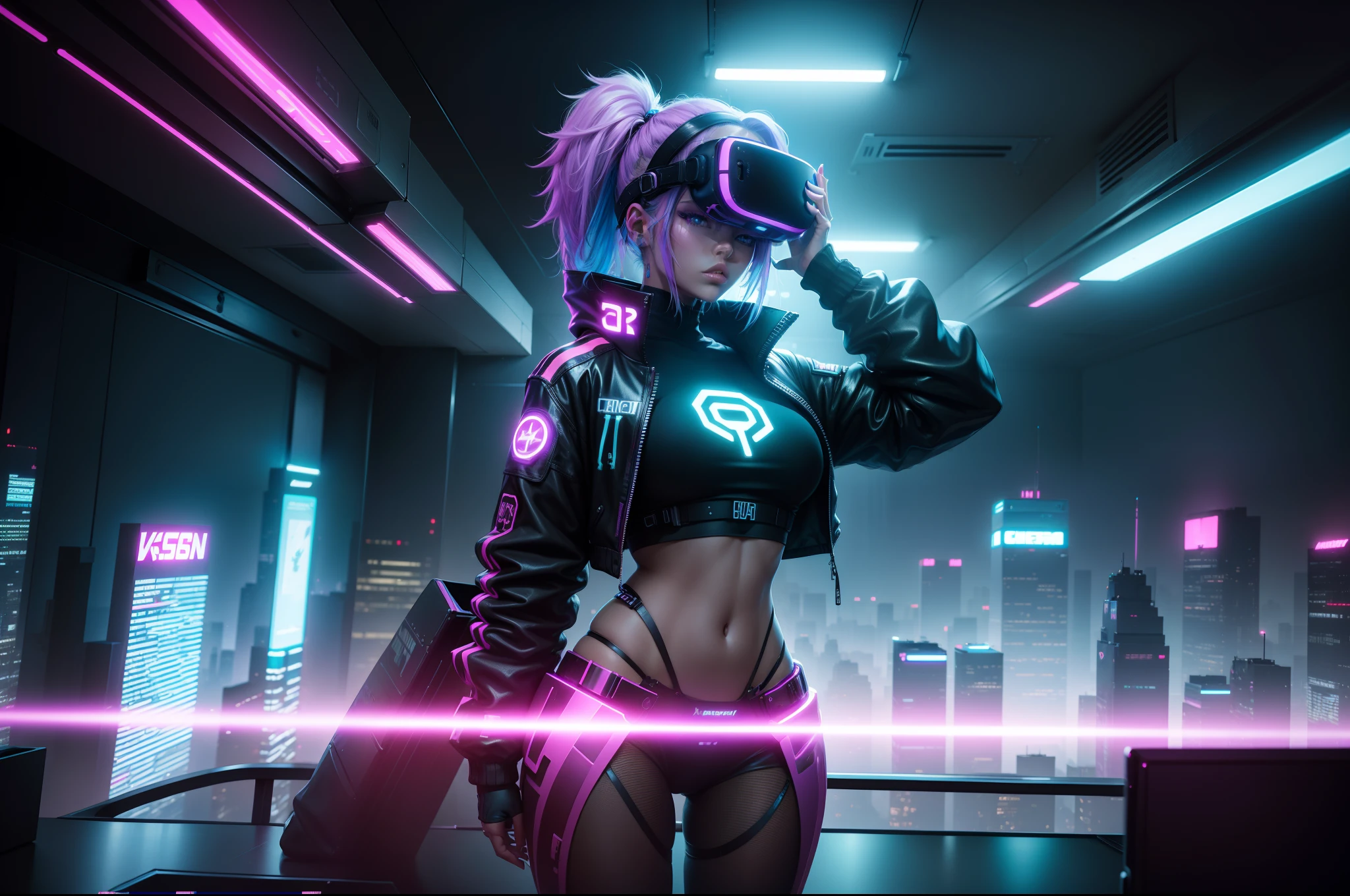 cyber punk perssonage,Girl using VR device,Neon hair,Raised sexy,fully body pose,Cool scenes,It is surrounded by game screens mapped from VR devices,Exquisitely,12K,A high resolution,Highly detailed, vibrant, Ultra high quality, hyper photorealism, Photorealism, rendering by octane, cinematric light, Colorful, hight contrast, cyber punk perssonage, neonlight, 城市, view over city, Skysky, rays of sunshine