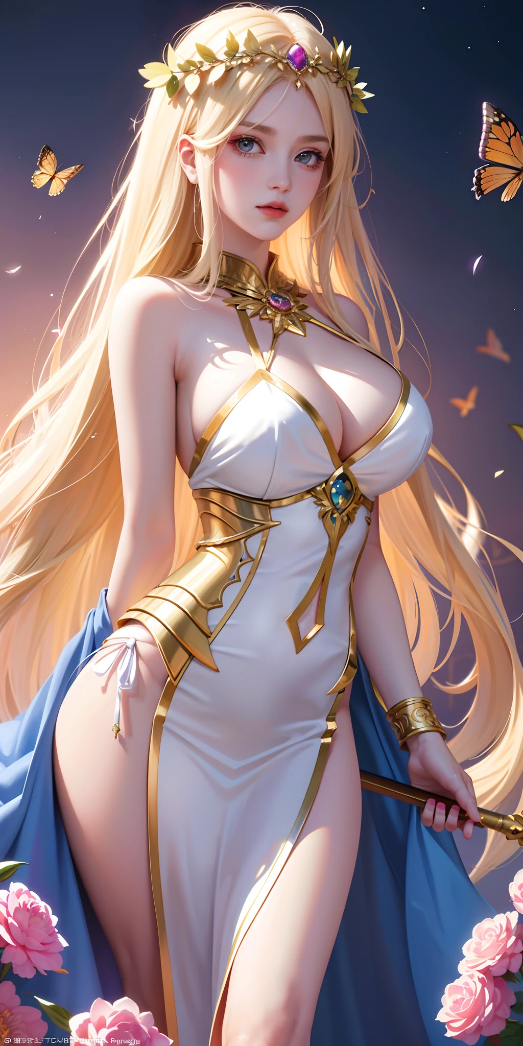 big breasts, ((1beautiful girl)) ((greek goddess mythology)) ((blond straight hair)) butterflies, long hair, 8k wallpaper, detailed background, picture perfect, perfect proportions, hyperdetailed illustration, ultra-resolution , breasts large and deep, hair covers one eye, silk ribbon robes of a mighty goddess 1:3 delicate fabric, mystic shrine, purple roses, tight fitting, Themoon, mystic magic in the air, pose of superiority, feminine charm, magic scepter