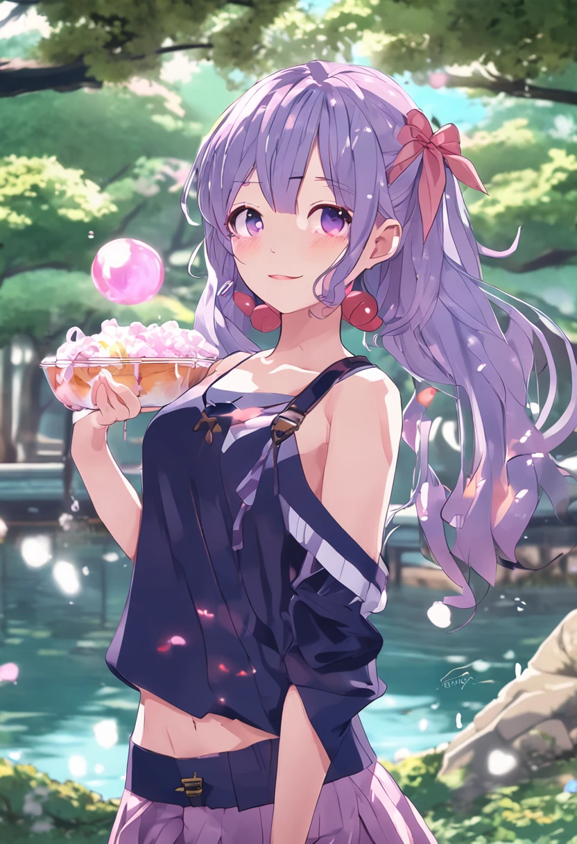 Beautiful Shibuya girl, Messy turquoise hair of waist length, Heterochromia pink and purple eye color, Sailor Kohler in navy blue crop tops、Matching skirt and navy blue ripped leggings, Happy, Making soapy iris bubbles in the park with cherry trees and fountains at dusk, Anime-style girl with beautiful whole body, clean detailed faces, intracate clothing, analogous colors, Glowing shadows, beautiful gradients, depth of fields, CLEAN IMAGE, High quality, high detailing, High Definition, Luminous Studio graphics engine, Cute face, kawaii,Big Breast, Slim waist, lovely hip, Ayane Yamano