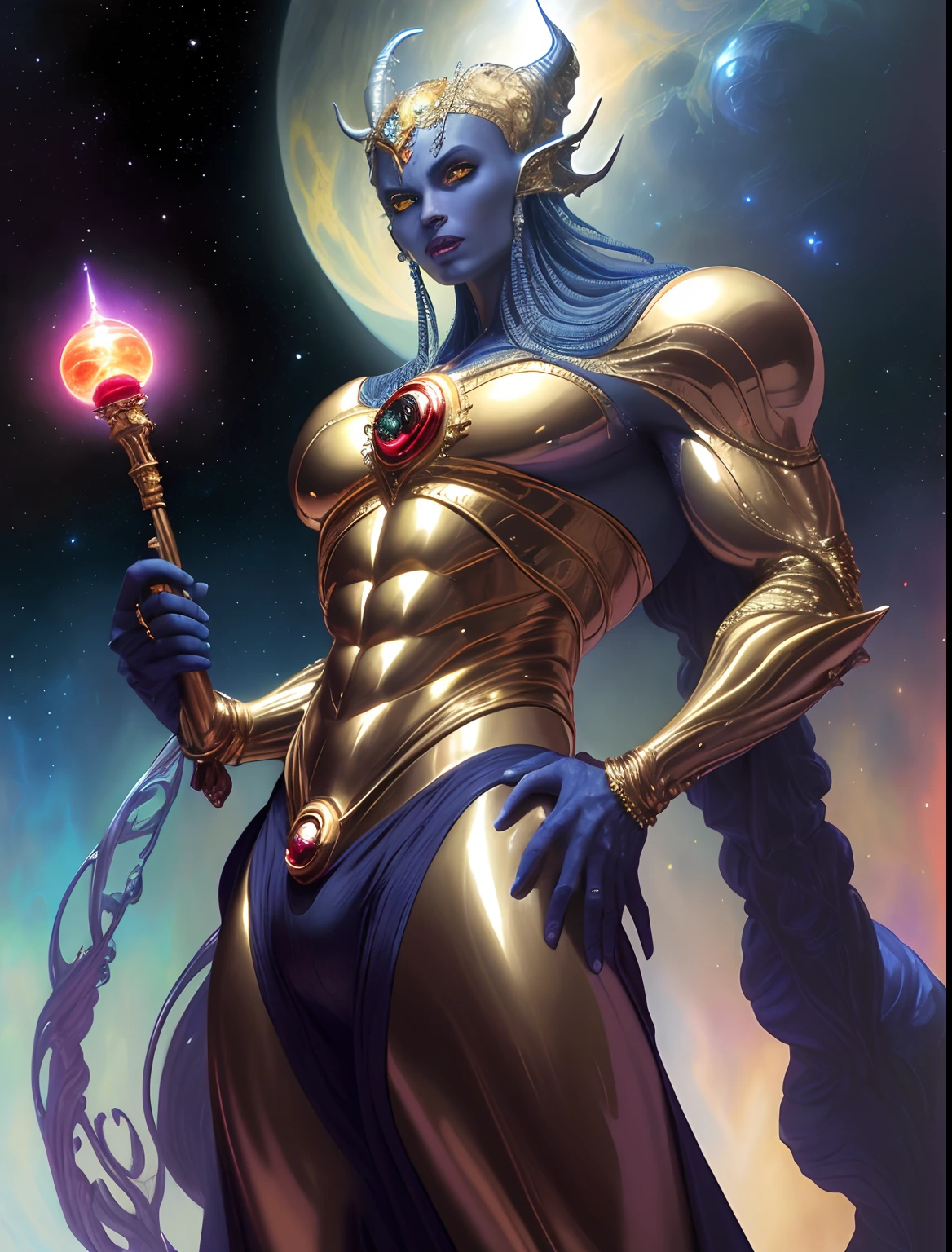 Terrifying alien space monster with gold and silver skin,holding a cane with red,verde,Diamantes naranjas y azules,futuristic,((masculino,cuerpo completo)),Arte de Boris Vallejo,h.r. Giger y Julie Bell,((Arte ultrahiperrealista,elegante,Bellas Artes)),((hiperdetallado,obra maestra,32K,Ultra HD.)).