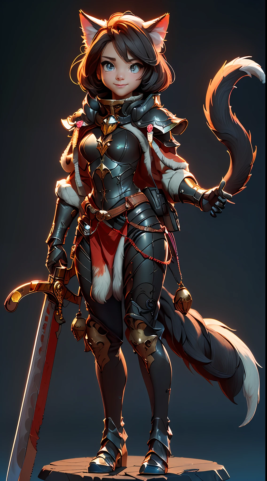 Wide-angle panorama，(Beautiful woman face:1.5), (Cute image standing all over the body:1.5), (Cat-like furry body and cat's paws:1.5), (Holding a heavy sword in his hand:1.2), (A plump chest), ( anime styled 3d:1.5), Metal armor skirt, Metal armor underwear, (Hairy limbs:1.45), (Very long, Fluffy fox tail:1.45), (Extremely detailed CG Unity 16k wallpaper:1.3), Dynamic Angle, the golden ratio, (tmasterpiece:1.37), (Detailed:1.15), Cinematic light, Side lighting, hdr, Perfect iris, (applause), Lifelike texture, （realisticlying：1.37）, (ssmile:1.1), Ray tracing, hyper HD, (Best quality:1.13)