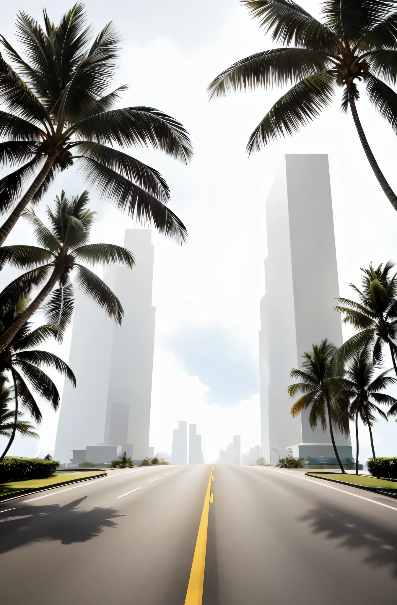 Palm trees on the side of the road, outdoors tropical cityscape, cidade costeira tropical, in a tropical and dystopic city, Palm trees and Miami architecture, futuristic city street, view from the streets, skyscrapers in the distance, city street view background, Skyscraper on background, Hainan. illustration, city in backround, futuristic street, Hainan
