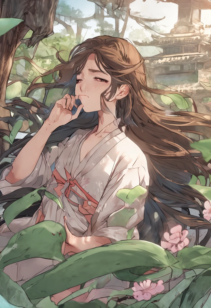 rice shower,umamusume, watercolor medium, anime screencap, dutch_angle, looking_down, thick_thighs, lying, extremely detailed body, girl,woman,female, young,20 years old, long hair, flipped hair, wept bangs, floating hair, brown hair, long hair flowing with the wind, ahoge, Authentic and detailed face, blush, beautiful and delicate eyes, Slightly open mouth, Delicate arms and hands, delicate hands, brown eyes, Authentic skin texture, wrist_cuffs, chinese_clothes, see-through, transparent_background, Chinese ancient multistoried buildings, breeze, bloom, ((very precise detailed)), highres, Very detailed CG unified 8k wallpaper,