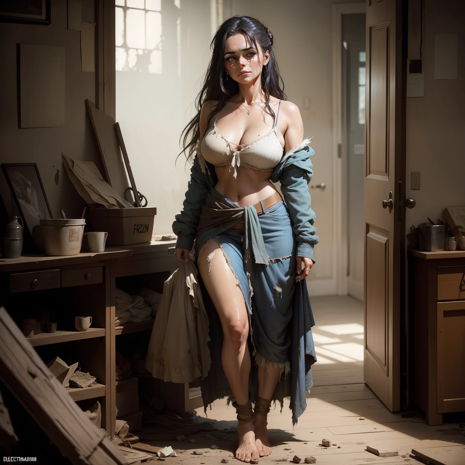 (Full body) Middle aged homely woman. Drina is draped in tattered and rotted clothing that seems to meld seamlessly with her surroundings. Her hair is unkempt and tangled, and her skin is marred with grime and dirt. your eyes, once beautiful blue eyes, now no longer shine, however, gleam with a disturbing intelligence. (Frank Frazetta) (masterpiece)