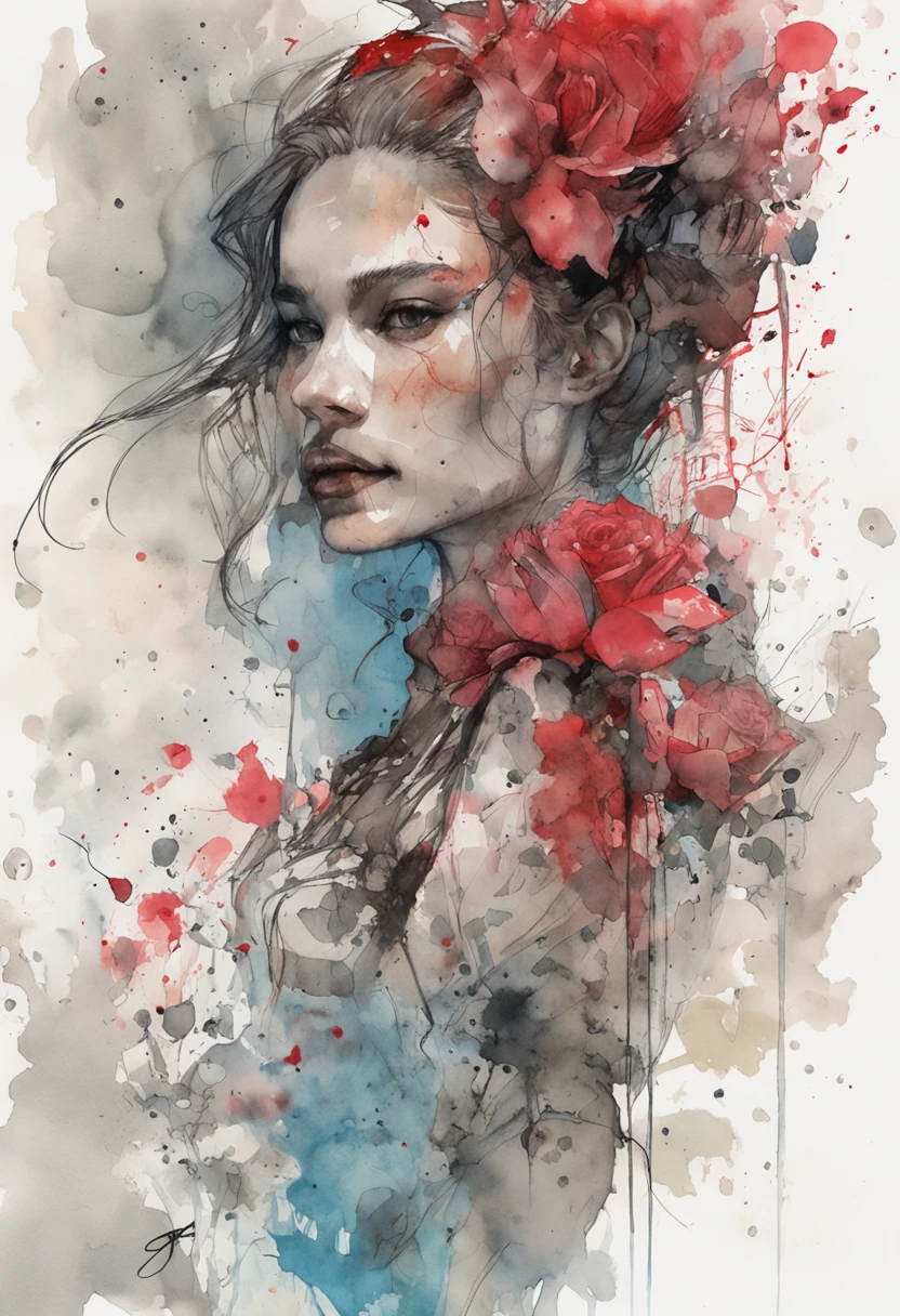 k-pop cover, a beautiful detailed watercolor painting of 1 girl, skull face, red dress costume, a rose in her hair, drawing with mixed watercolor paint, art by Carne Griffiths and Wadim Kashin, Yoji Shinkawa, perfect anatomy, centered, Nearing Perfection, Dynamic, Highly Detailed, Character Sheet, Concept Art, Sharp Focus, Full Body Shot, 8k, Masterpiece, Fine Detail, Full Color, Black Paint Background, and Cool Color Palettes , intricate details, golden ratio illustration