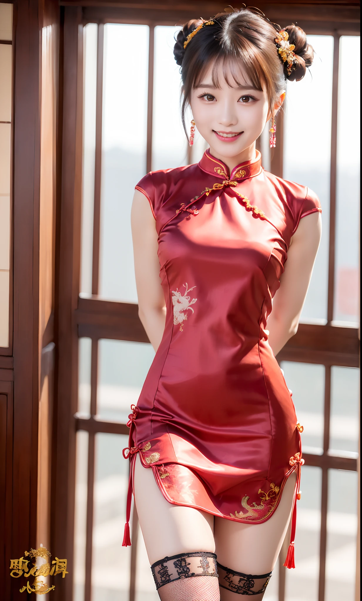 (ultra best quality、超A high resolution、８ｋ、​masterpiece:1.3)、Beautiful Women in Perfect Figure:1.4、、Black hair、((Cheongsam in fishnet stockings))、((((((No background)))))、kawaii、extremely detailed face and skin、Detailed eye、二重まぶた、Skinny Legs、The best smile、(((１a person)))、(Hands folded behind your back)、((The whole body is in the viewer))、The best smile、Extraordinary beauty、Age is 16 years、Facing the front、perfectly proportions、((Cheongsam with dragon design))、Widened slit、length hair、Bun,