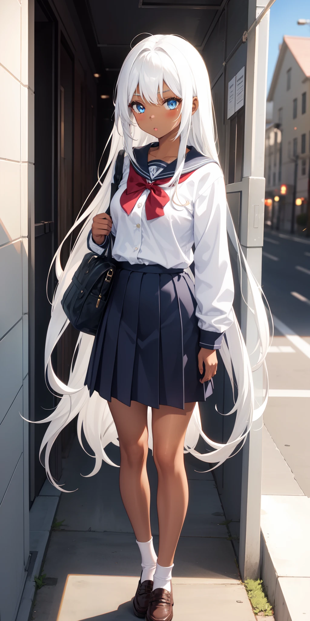 1 girl, brown skin, School outift, very long hair, white hair, blue eyes,