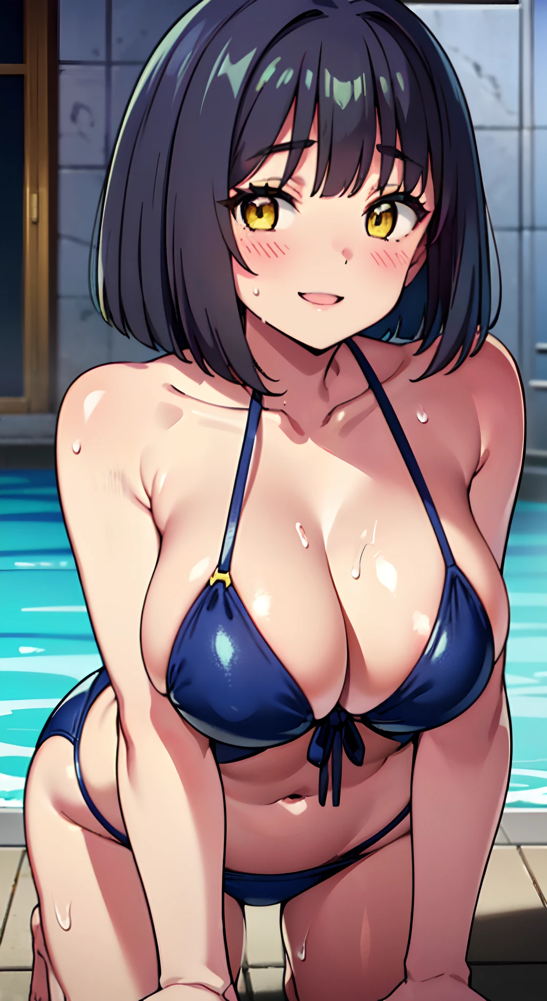 (Perfect body),Best Quality,(8K Portrait),(anime screen cap)、((Police Woman))、 srestrained,blush,Sweat,((large udder)) ,((puffy niples))、(Dark hair),((bob cuts))、Yellow eyes、Tied wrists,(thick thighs),((Navy Blue High Leg Swimsuit ))、adult  woman、((A smile))、Cowboy Shot、((Salute))、((all-fours))、((Wink))、Sleeveless