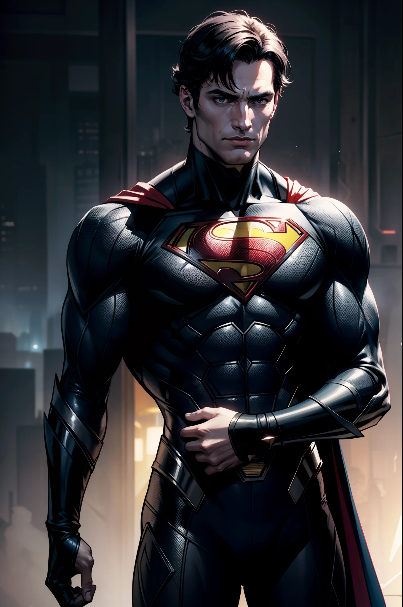 Superman using a Black suit from Snyder cut, holding batman's neck, brainiac domain the world in background, highly detailed, snyder cut color palette, sharp focus, 8k