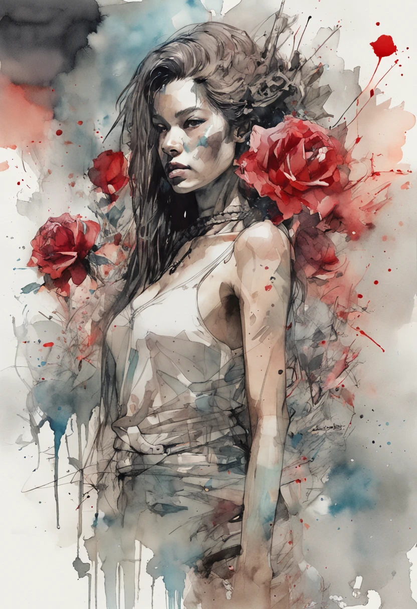 k-pop cover, a beautiful detailed watercolor painting of 1 girl, face with skull paint, red dress costume, a rose in her hair, drawing with mixed watercolor paint, artwork by Carne Griffiths and Wadim Kashin, Yoji Shinkawa, perfect anatomy, centered, near perfection, dynamic, highly detailed, character sheet, concept art, sharp focus, full body shot, 8k, masterpiece, fine detail, full color, black paint background, and with color palettes cool colors, intricate details, golden ratio illustration