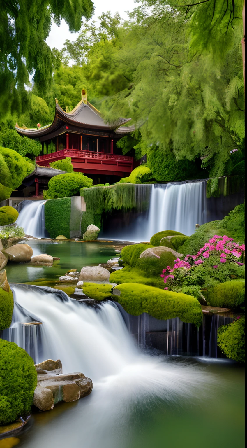 lakeside, ((waterfallr)), chinese mansion, Small rivers, Western-style garden, Garnish with flowers,Complex details, A fusion of classic and modern, sonoko, Traditional elements, Modern design, Waterfront, luxury goods, Gorgeous, Pavilions, courtyard, Traditional Chinese roof, Modern interior decoration, elegant, Delicate, Garden landscape, Original photos, wide lens shot, high resolution, hdr, Exquisite, HD, 8K, Masterpieces, Artistry, magnifica, meticulous craftsmanship, Modern facilities, Seamless integration, Harmonious atmosphere, everlasting, Rich, Picturesque, (8K, RAW photo, Best quality, Masterpiece :1.2), (Realistic, photograph realistic :1.3)