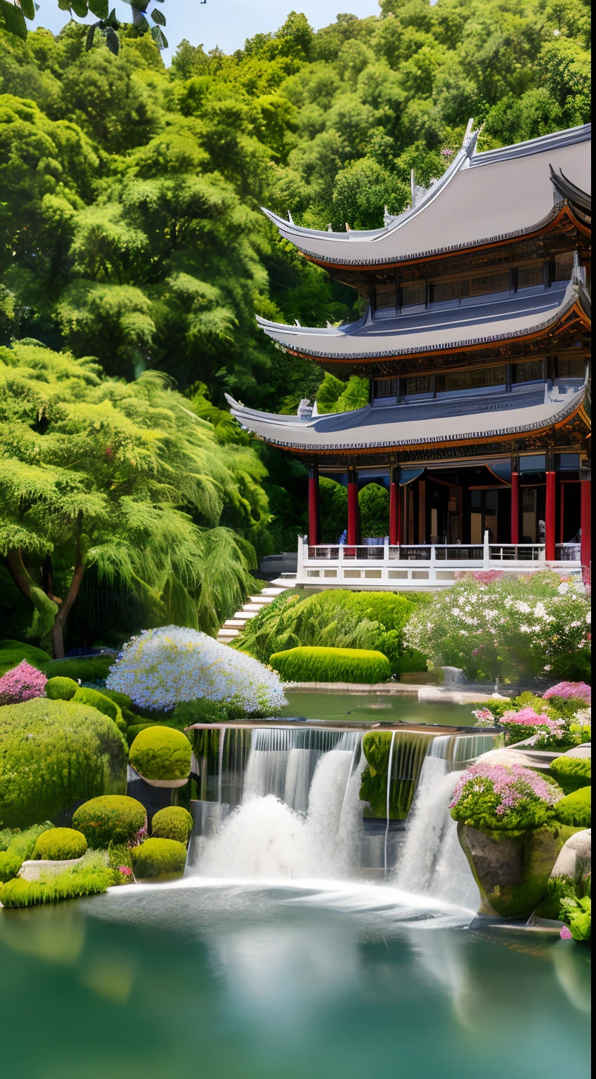 lakeside, ((waterfallr)), chinese mansion, Small rivers, Western-style garden, Garnish with flowers,Complex details, A fusion of classic and modern, sonoko, Traditional elements, Modern design, Waterfront, luxury goods, Gorgeous, Pavilions, courtyard, Traditional Chinese roof, Modern interior decoration, elegant, Delicate, Garden landscape, Original photos, wide lens shot, high resolution, hdr, Exquisite, HD, 8K, Masterpieces, Artistry, magnifica, meticulous craftsmanship, Modern facilities, Seamless integration, Harmonious atmosphere, everlasting, Rich, Picturesque, (8K, RAW photo, Best quality, Masterpiece :1.2), (Realistic, photograph realistic :1.3)