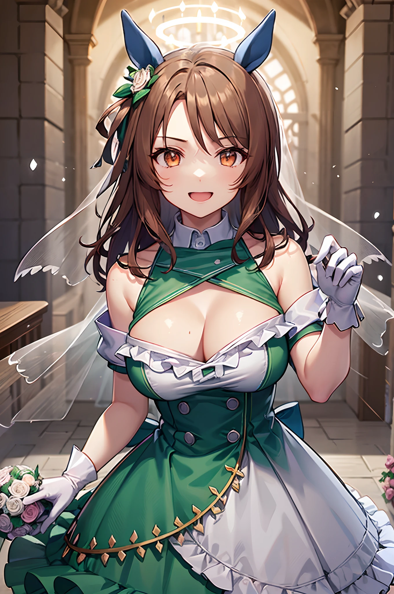 1girl, solo, big breasts, curvy breasts, voluminous breasts, firm breasts, five fingers, detailed hands, green dress, Wedding, getting married, (wedding dress:1.3), (frill:1.2), (bouquet of flowers), snow-white dress, (white gloves), vail, one character, happy face, face focus, upper body, in church, BREAK Horse ears, brown hair, orange eyes, king halo\(umamusume\), Hair ribbon,