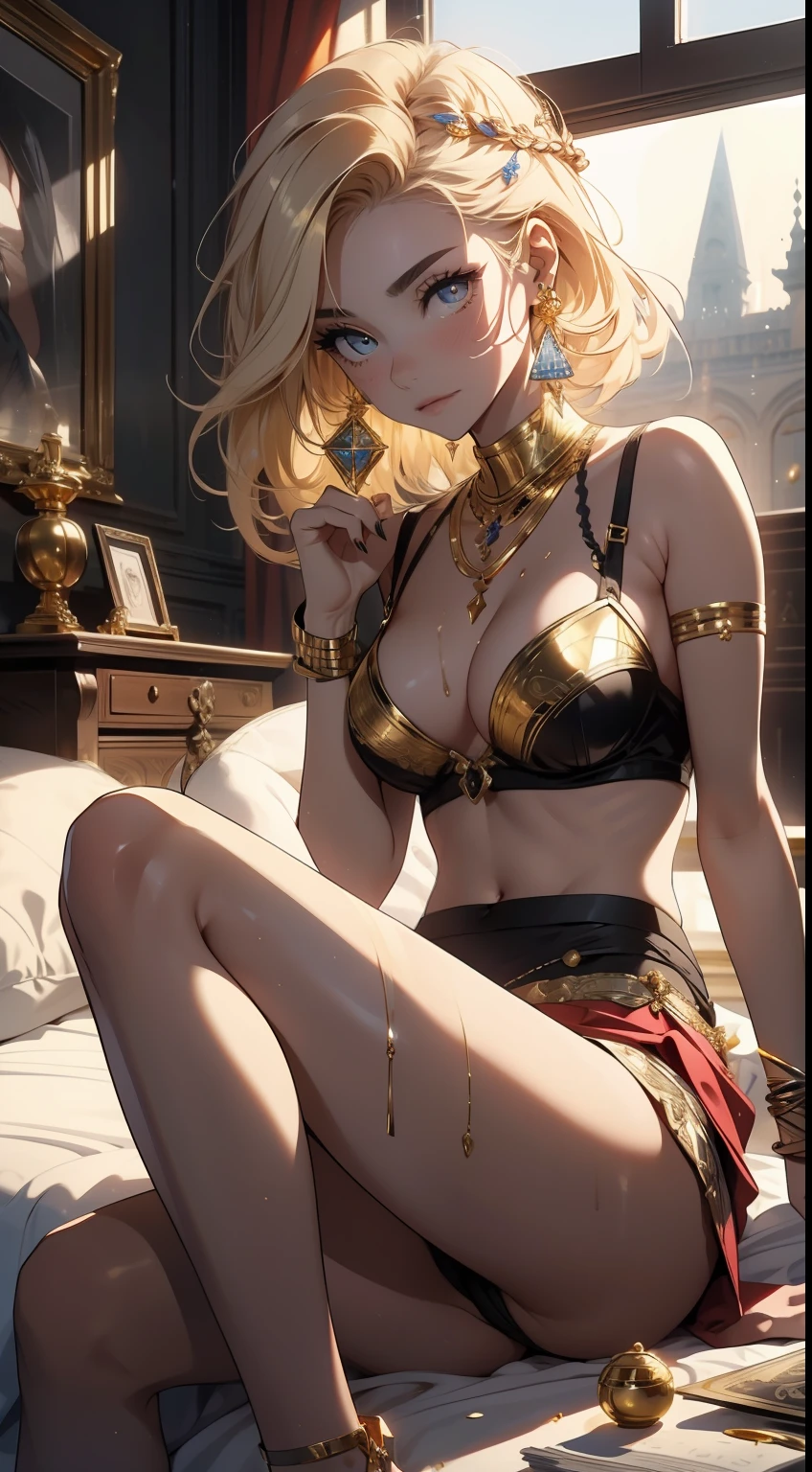 masterpiece, 1girl,bra, skirt, laying, on bed, high view, (gold), pinjent, earings, coins, treasure, money, (golden), ancient, art pieces, no shirt, no pants, wet, egypt,(beautiful scenery),(perfect face), blonde, femine, fruits, grape, hot, BREAK jewls, barcelts,