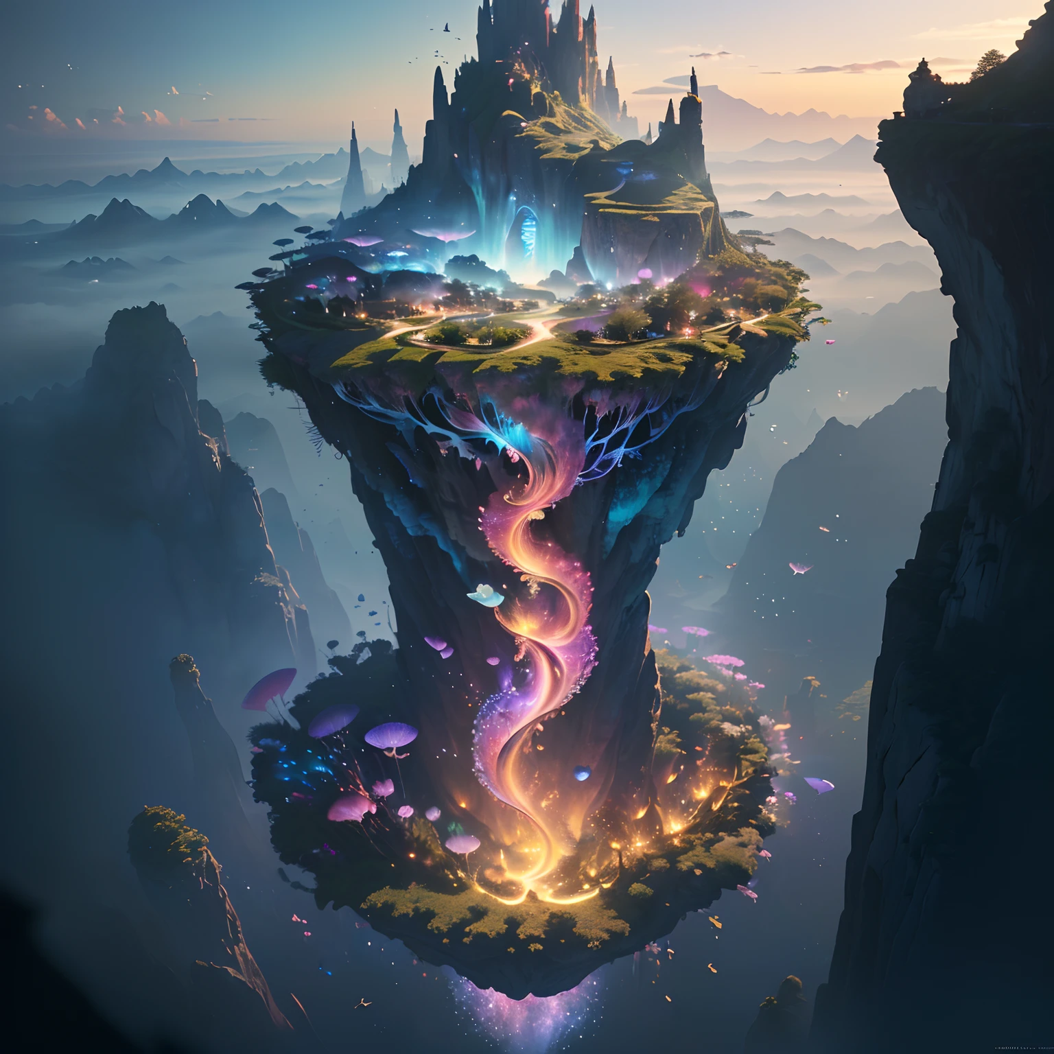 ((perspective)) microcosm, Faraway view, Aerial fantasy,((masterpiece)), best quality, high quality, ((extremely detailed CG unity 8k wallpaper)),(fantasy), Complex background,Fantasy world in the air,fish flocks,Glowing jellyfish,Colorful,,(abyss)), ((There are floating islands in the air)), There are glowing aerial fantasy plants,3D digital painting,award winning photography, Background bokeh, depth of fields, HDR, color difference, realisticlying, extremely detaile, Trends on ArtStation, Fashion trends are on CGsociety,Intricate,High Detail,dramatic,art by midjourney, --v 6