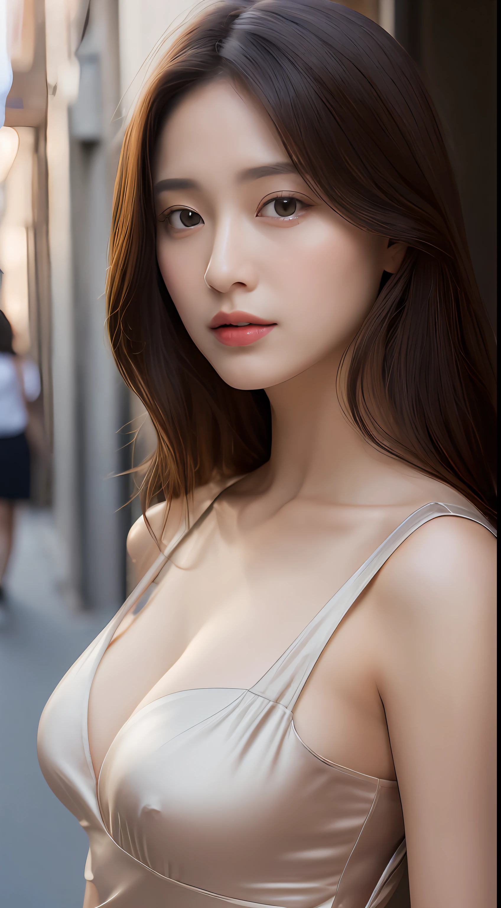 ((Realistic lighting, Best quality, 8K, Masterpiece: 1.3)), Clear focus: 1.2, 1girl, Perfect Body Beauty: 1.4, Slim Abs: 1.1, ((Dark Brown Hair, Big Breasts: 1.3)), (Aqua Dress: 1.4), (Outdoor: 1.1), City Street, Super Fine Face, Fine Eyes, Double Eyelids, Exposed cleavage