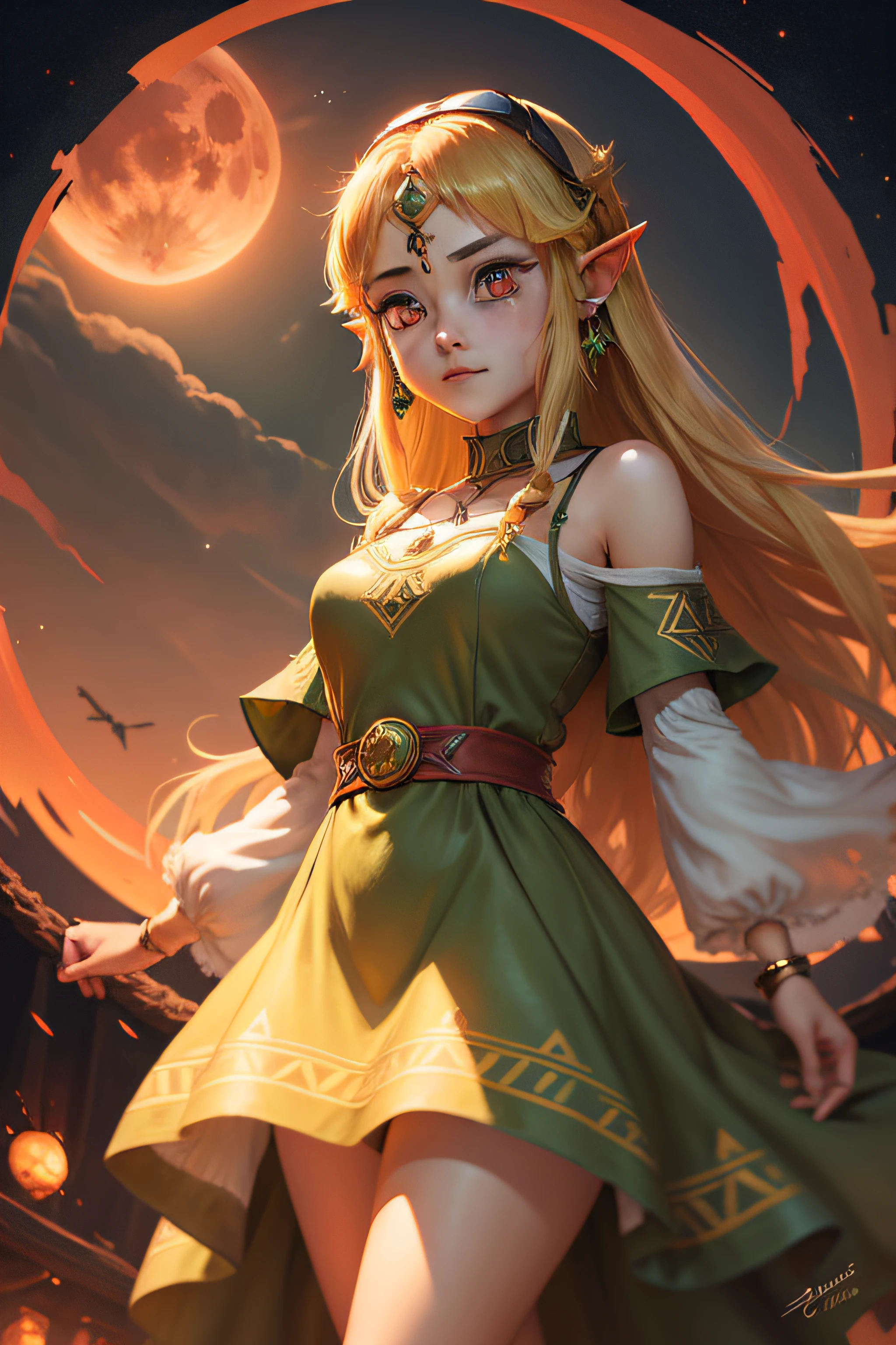 Zelda, TOTK, zonai, triforce, long white dress, mid-length hair, green and gold jewelry, toga, round goggles, glowing jewelry, leather goggles, engineer, blood moon, red moon, red sky, red clouds, night, dark