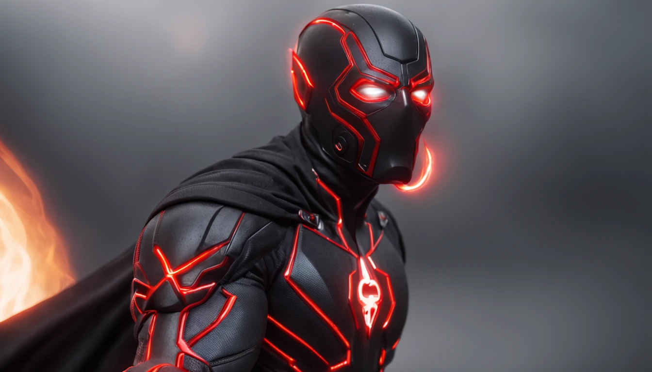 An intricate carbon and red Superhero in a cyber-suit, levitating in the air, extravagant long carbon black silk Cape, no helmet, has long hair and a beard, laser red eyes, his super powers are strength and flight and can shoot lightning out of his hands, surrounded by red lightning, extremely detailed suit, micro-details, photo-realism, one light, dark photo, deep shadows, shallow depth of field, photo-realistic, Surrealism, high quality, masterpiece, 8k, 8k, super detail, full body portrait,  extremely muscular, no mask, (T Logo on chest)