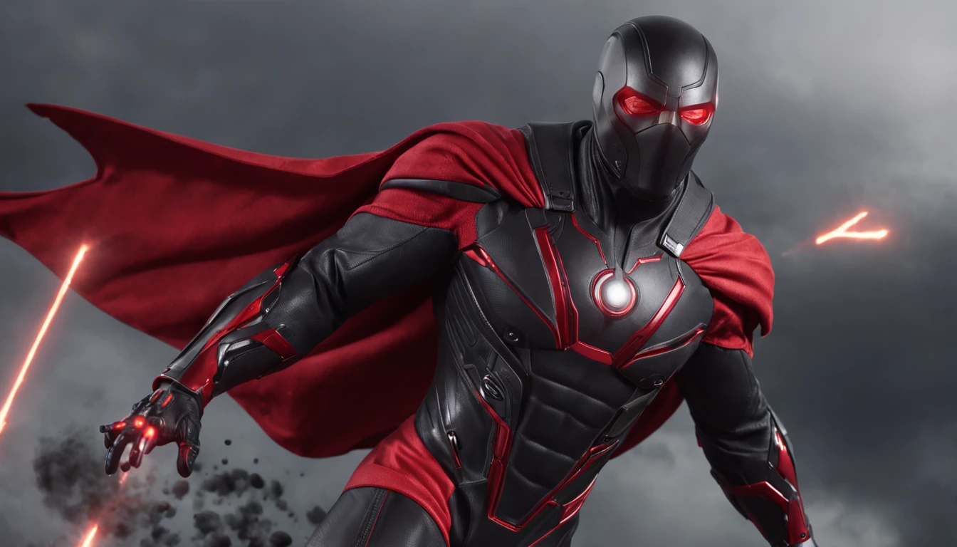 An intricate carbon and red Superhero in a cyber-suit, levitating in the air, extravagant long carbon black silk Cape, no helmet, has long brown hair and a well trimmed beard, laser red eyes, his super powers are strength and flight and can shoot lightning out of his hands, surrounded by red lightning, extremely detailed suit, micro-details, photo-realism, one light, dark photo, deep shadows, shallow depth of field, photo-realistic, Surrealism, high quality, masterpiece, 8k, 8k, super detail, full body portrait, extremely muscular, no mask, (T Logo on chest)