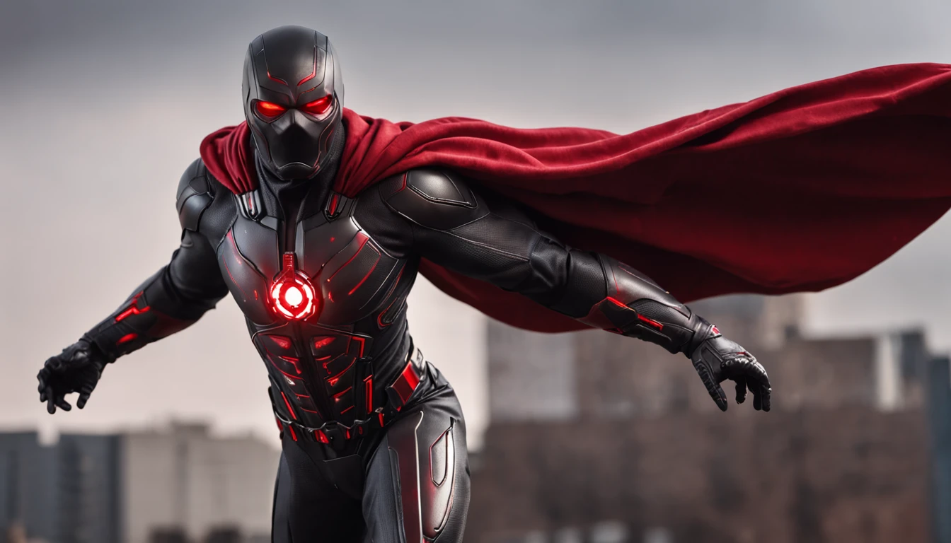 An intricate carbon and red Superhero in a cyber-suit, levitating in the air, extravagant long carbon black silk Cape, no helmet, has long hair and a beard, laser red eyes, his super powers are strength and flight and can shoot lightning out of his hands, surrounded by red lightning, extremely detailed suit, micro-details, photo-realism, one light, dark photo, deep shadows, shallow depth of field, photo-realistic, Surrealism, high quality, masterpiece, 8k, 8k, super detail, full body portrait, extremely muscular, no mask, (T Logo on chest)