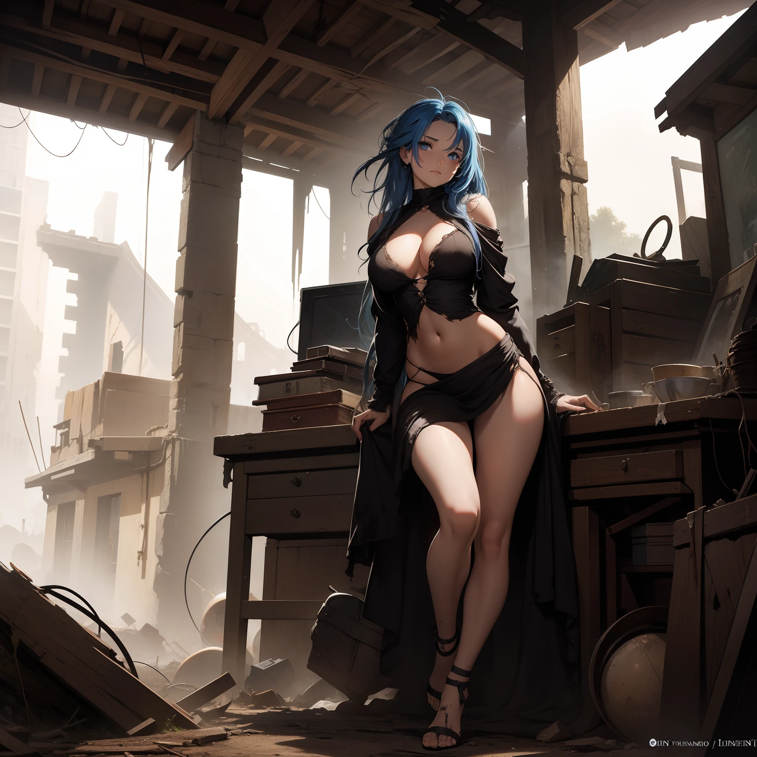 (Full body) Middle aged homely woman. Drina is draped in tattered and rotted clothing that seems to meld seamlessly with her surroundings. Her hair is unkempt and tangled, and her skin is marred with grime and dirt. your eyes, once beautiful blue eyes, now no longer shine, however, gleam with a disturbing intelligence. (Frank Frazetta) (masterpiece)