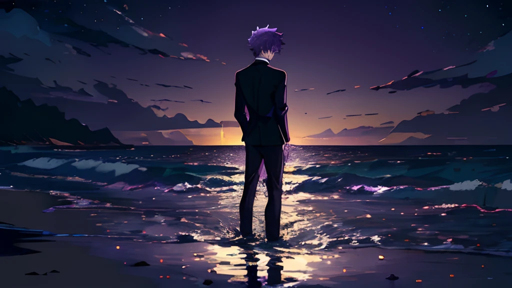 Dynamic pose, dynamic angle,from afar,((night)), beach, calm water without waves,boy at the water's edge,boy looking out to sea,arms outstretched towards the sea,messy spiky white hair, light blue eyes, purplish black suit, no tie, purplish black shirt, purplish black dress pants, rounded sunglasses, (dark purple sphere on horizon:1.4),