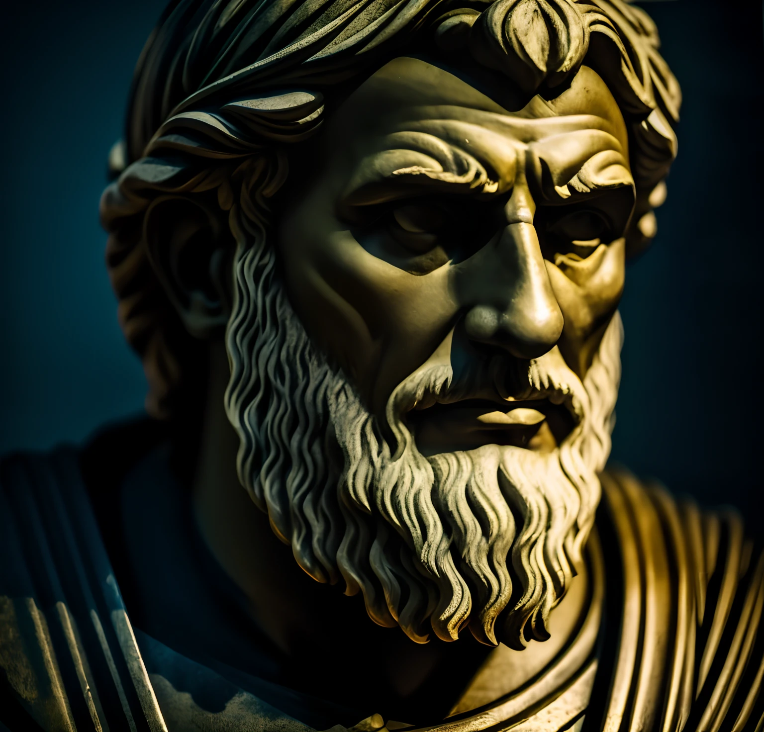deus grego, Stoic philosopher, Seneca, serious and considerate countenance, village leader, cinematografia, Epic light and shadow with plenty of contrast, fotografia profissional, ..RAW, UHD, fundo preto, escuro ao fundo, fundo desfocado, luz neon sem fundo
