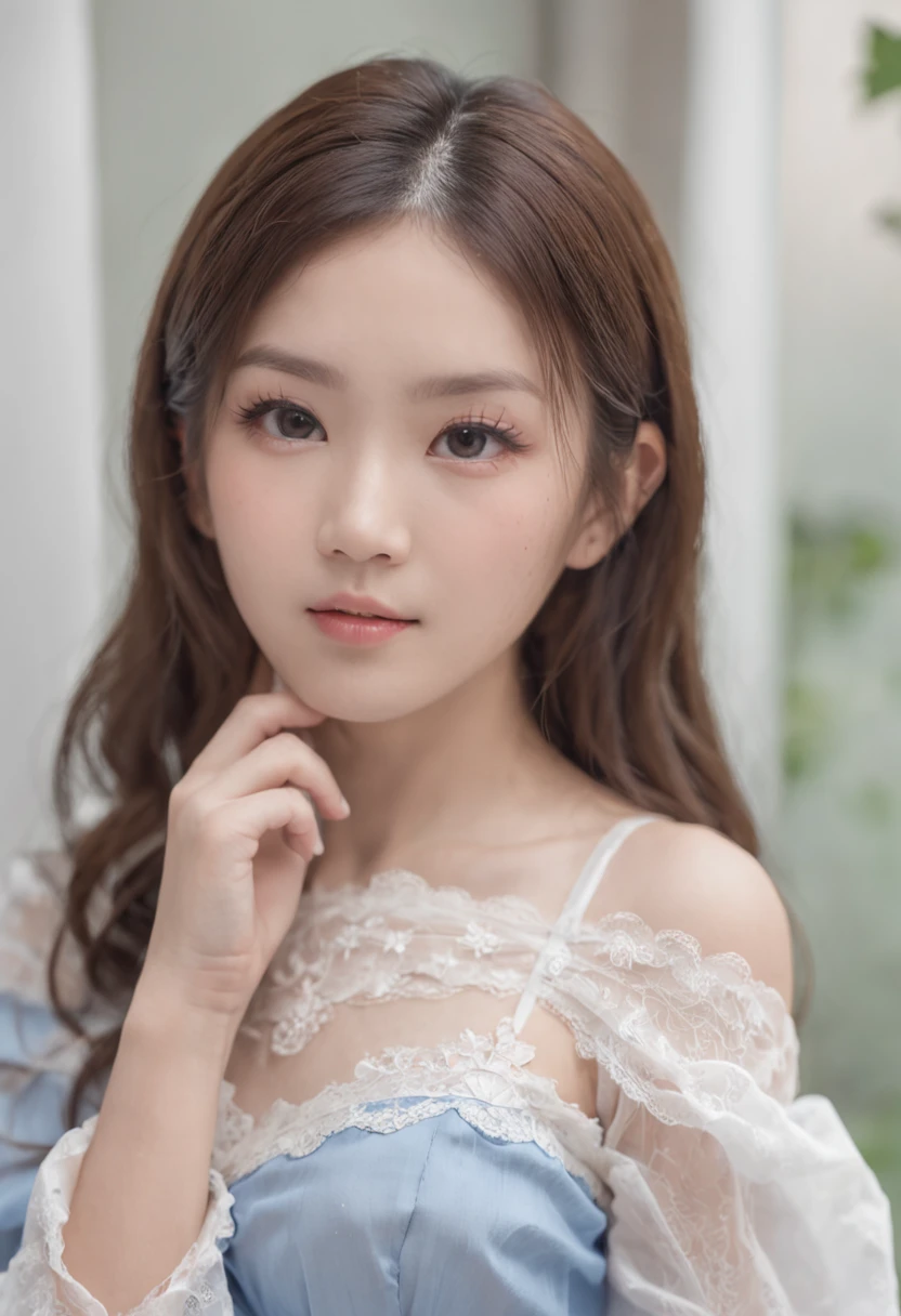 Asian little girl，white stockings，blue-shirt，The reveal panties，
