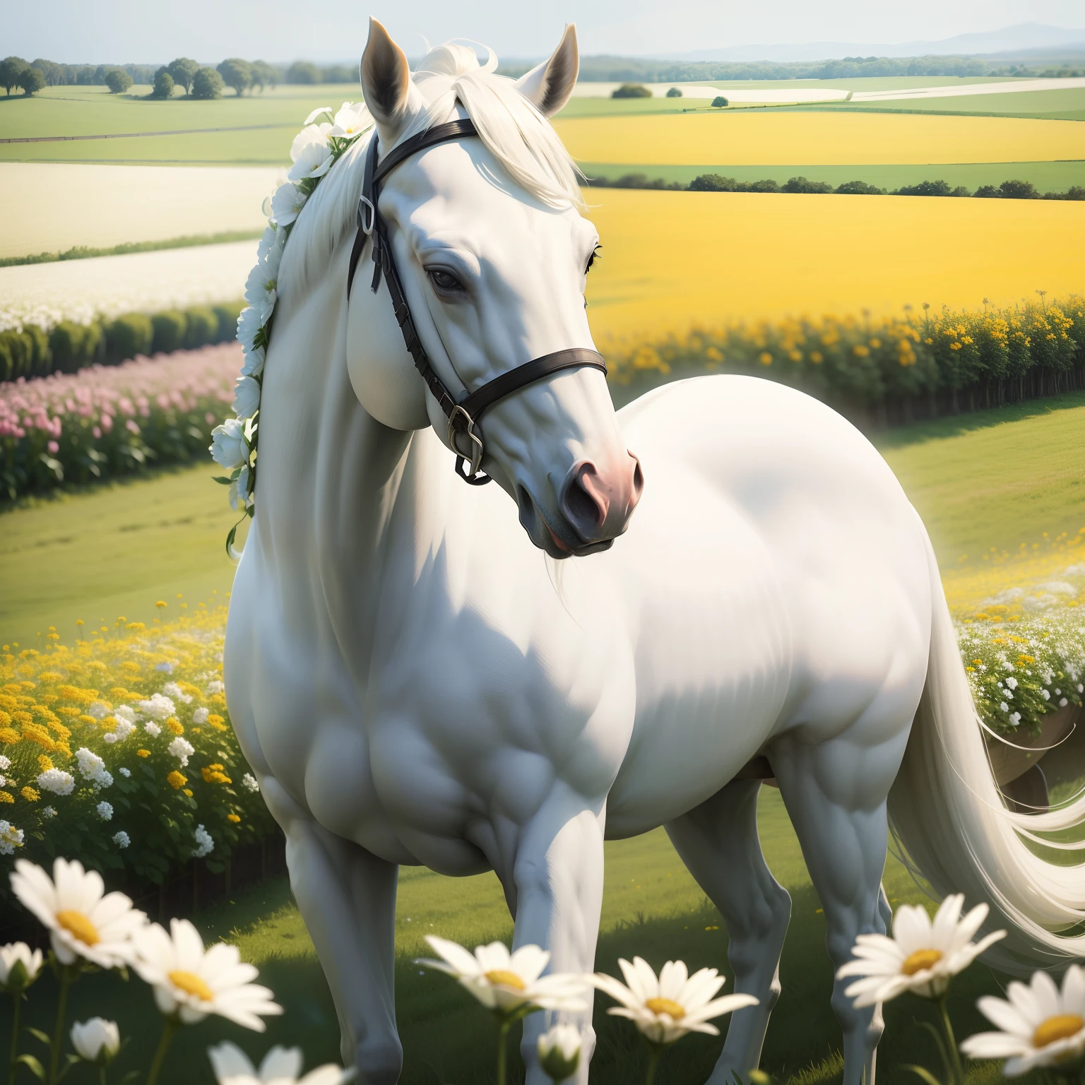 A white horse in a field full of flowers,.colorful flowers