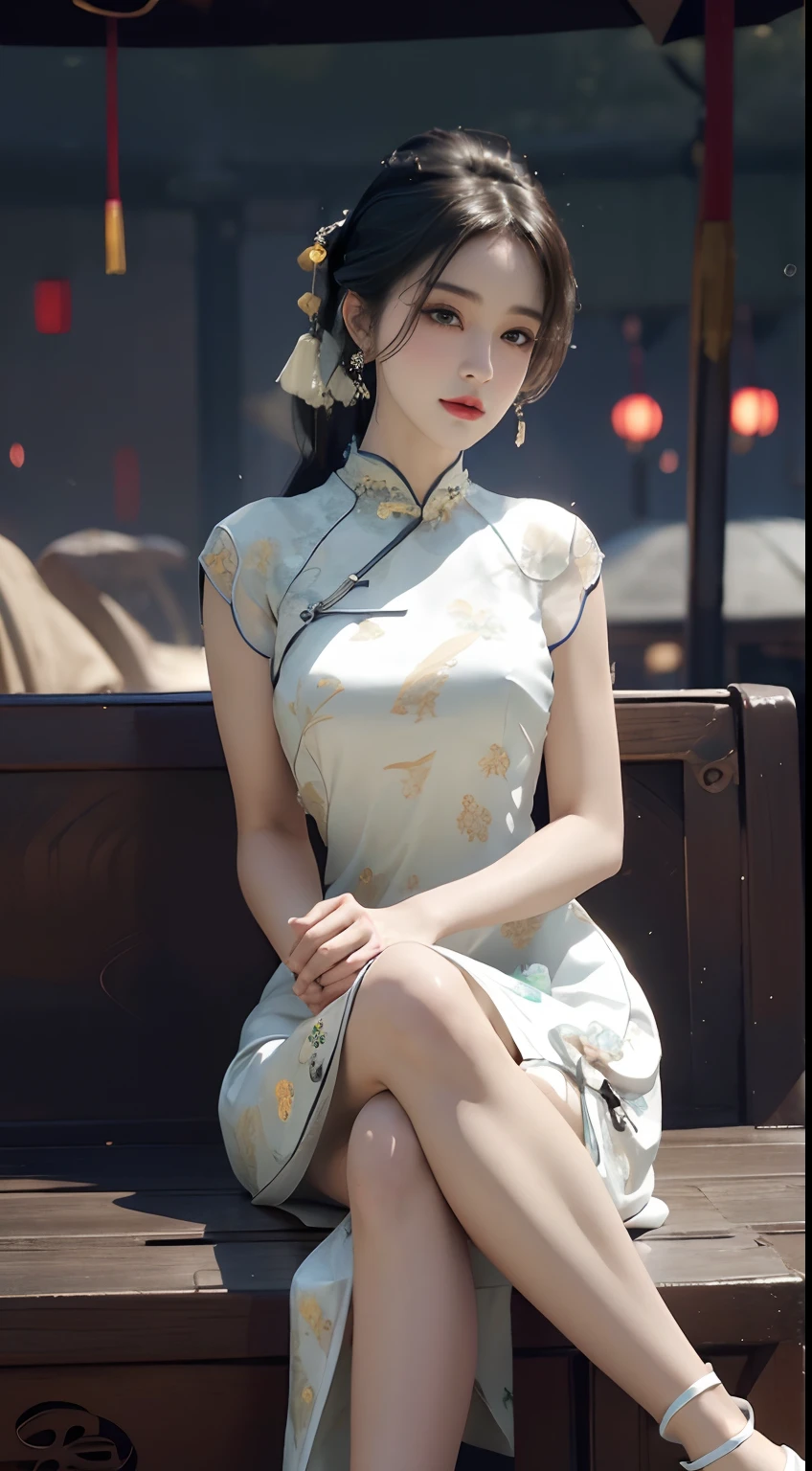 randome pose, (An extremely delicate and beautiful work), (Masterpiece), 1girll, (Cheongsam dress:1.7), (The whole body exposes the legs:1.7), (show feet:1.7) ,Cute, Narrow waist, Very thin legs, Highly detailed, waist leaking, Ponytail Contortion, Enchanted expression, beautiful and clear eyes, green eye pupil, Delicate necklace, Delicate earrings, Simple blurred background, Extreme detail description, Beautiful, Charming, Ultra-fine painting, Delicate face, Delicate figure, Fine collarbones, lovely lips, Beautiful breasts, soft behind,(8K, RAW photo, Best quality, Masterpiece:1.2), (Realistic, photo-realistic:1.37),1girll,Cute,beach, Night, rain, Wet, Professional lighting, photon maping, Radio City, Physically-based rendering,