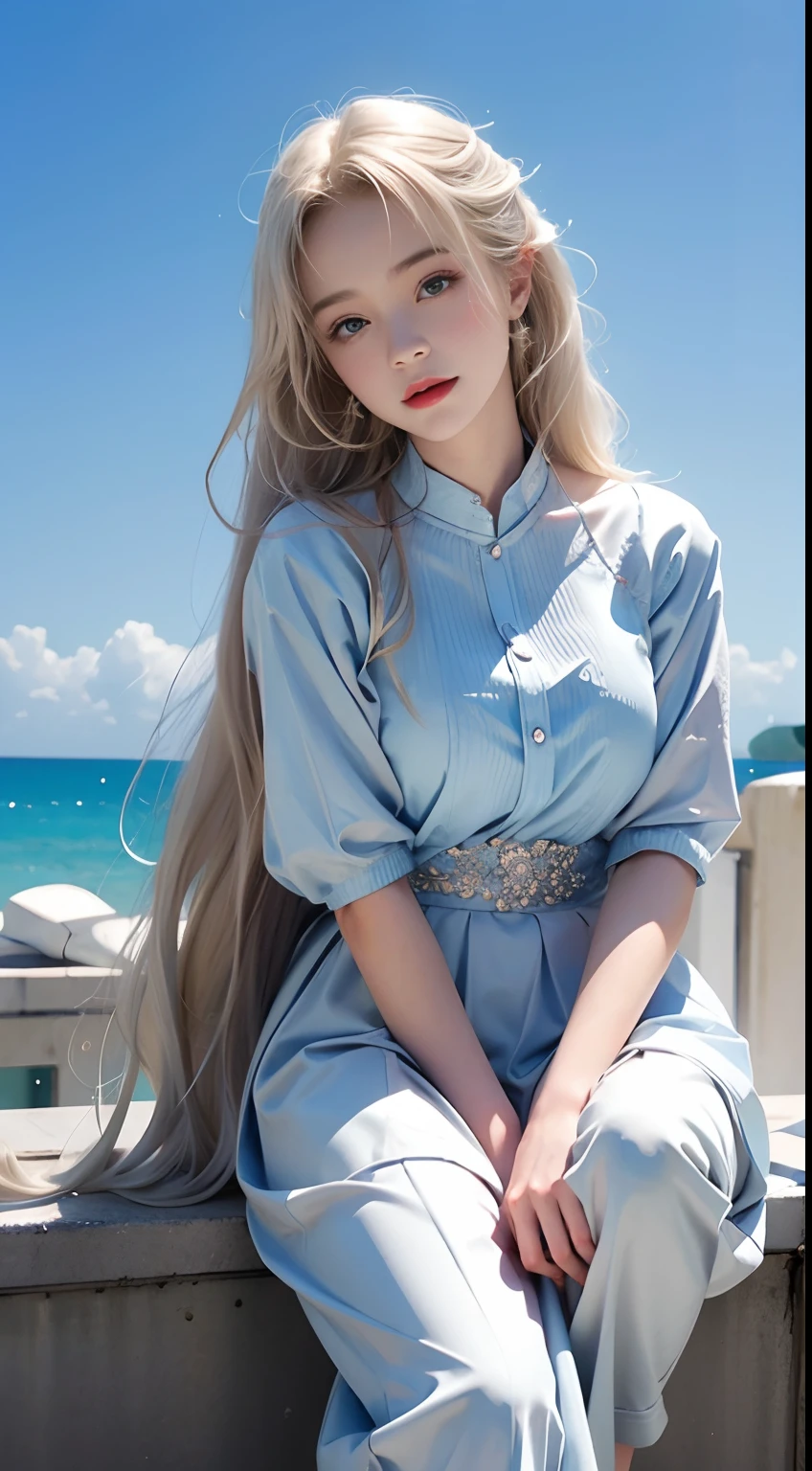 1 girl、porate、Student clothes、blue-sky、Bright and very beautiful face、年轻, shiny white shiny skin、Best Looks、Blonde hair with dazzling light reflection、Beautiful platinum blonde hair is super filament-like straight and shiny、Long bangs、Very beautiful 17 year old、Big eyes that shine crystal clear light blue、Beautiful cute beautiful girl