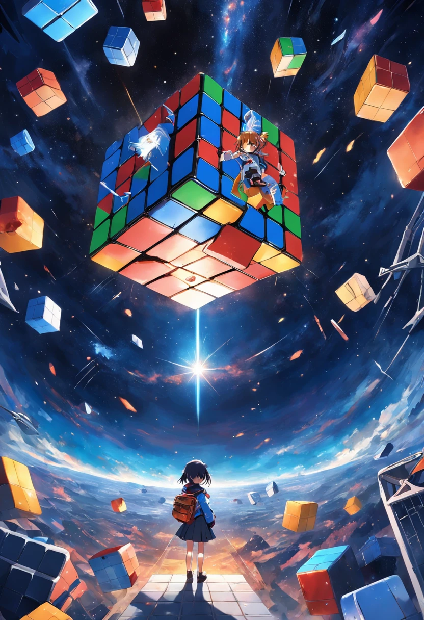 Rubik's Cube view,Starry sky particles,Space capsule。