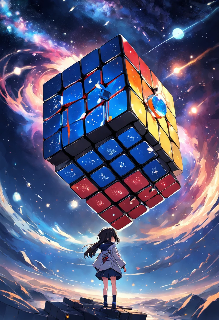 Rubik's Cube view,Starry sky particles,Space capsule。