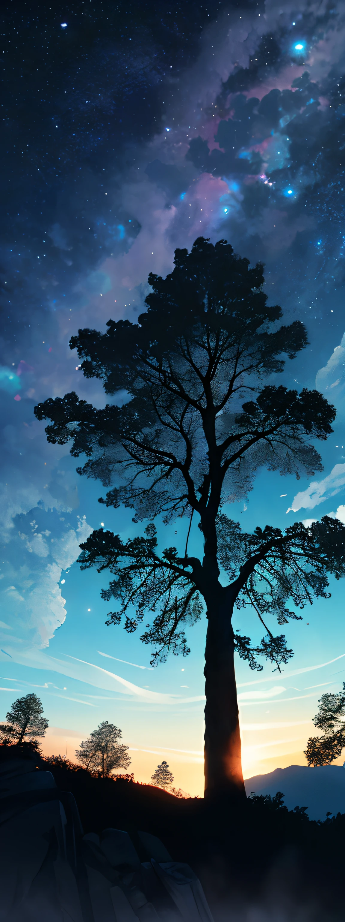 fotografia de paisagem expansiva, (a view from below that shows the radiant sky above and the open field below), (pegue a chave: 1.2), (estrelas cadentes: 0.9), (nebulosa: 1.3), montanha distante , BREAK tree production art, (fonte de luz quente: 1.2), (Pirilampo: 1.2), bulb, muito roxo e laranja, detalhes complexos, volumeric lighting, realismo BREAK (obra-prima: 1.2), (melhor qualidade), 4k, ultra -detalhado, (dynamic compositing: 1.4), altamente detalhado, detalhes coloridos, (cores iridescentes: 1.2), (bright illumination, Atmospheric Illumination), sonhador, Magia, (sozinho: 1.2)
